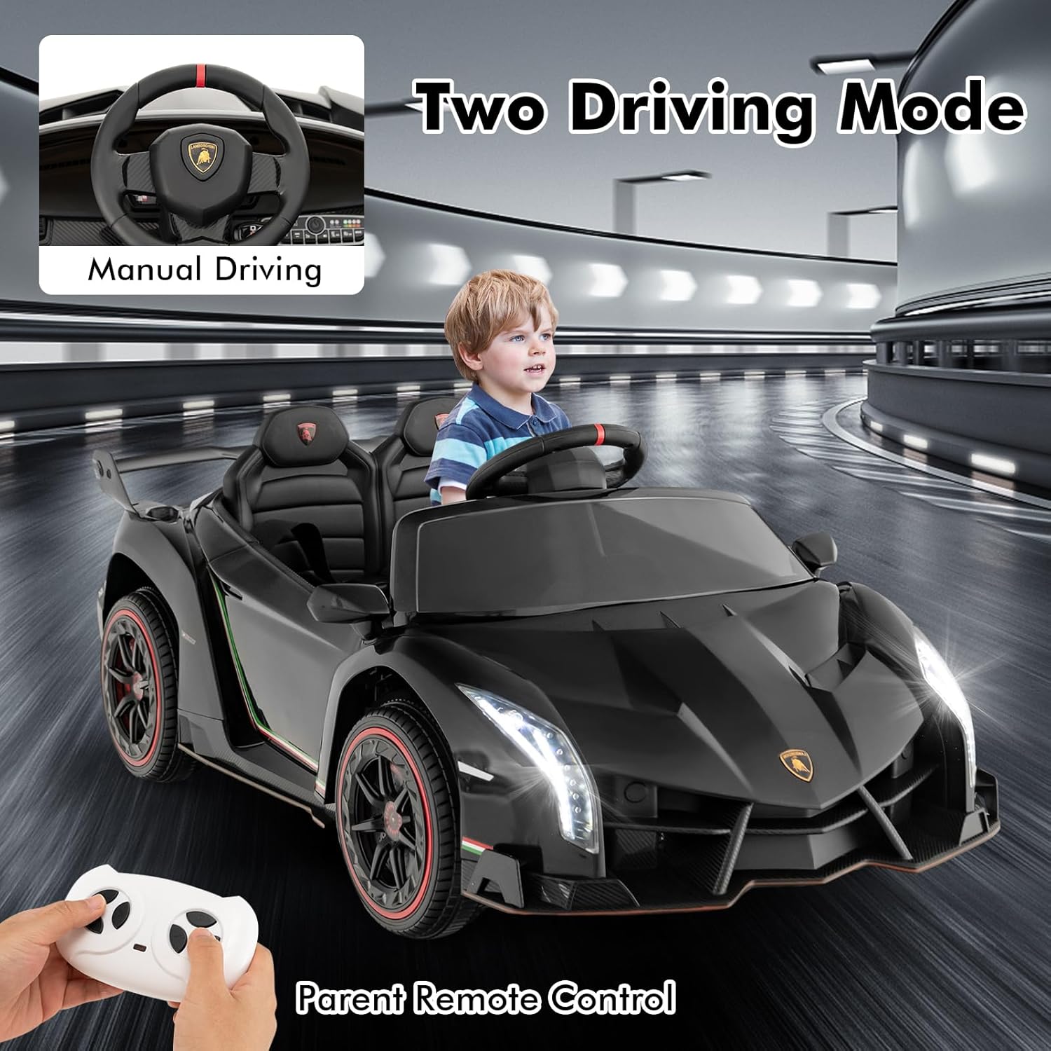 OLAKIDS 2 Seater Kids Ride On Car, 12V 4WD Licensed Lamborghini Veneno Electric Vehicle with Remote Control, Toddlers Battery Powered Toy Gift with 2 Speeds, Rocking Mode, Music, USB, MP3 (Black)