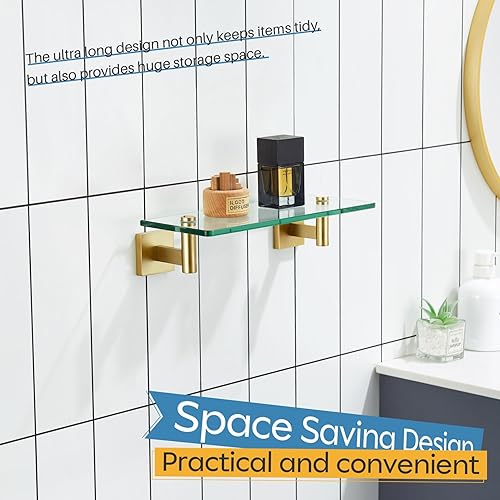 Miniatura 7 de KOKOSIRI Estantes de pared flotantes de acero inoxidable dorado de 12 pulgadas, accesorios de baño de vidrio templado, estante colgante