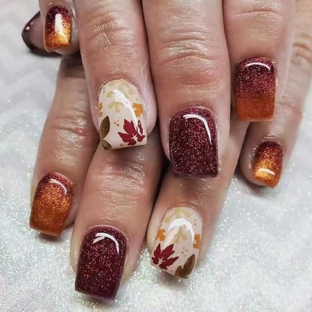 Maple Leaf Design Gold Brown Glitter Gradient False Nail