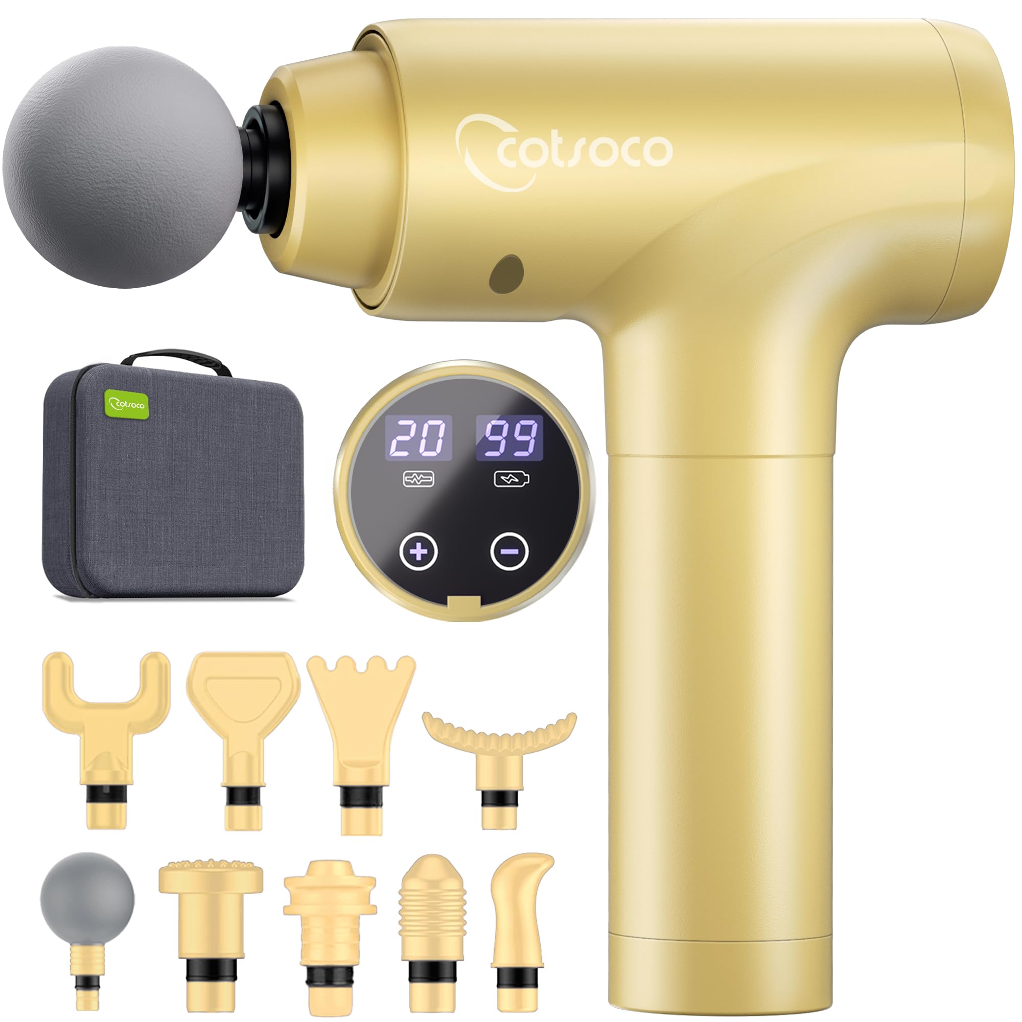 cotsoco Massage Gun Deep Tissue, Muscle Massage Gun with 9 Attachment Heads 20 Speeds &amp; Silent Brushless Motor for Pain Relief, Handheld Percussion Back Massager Gun,Gift for Mom/Dad
