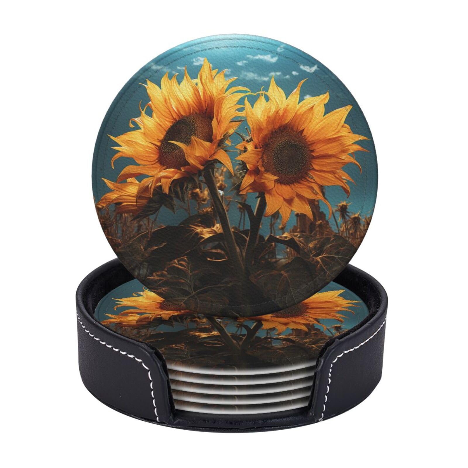 6PCS Drink Coasters with Holder, 4" Leather Coasters for Drinks, Fantasy Sunflower Cup Coasters for Coffee Table Decor, Non-Slip Drinking Cup Mat for Hot or Cold Drink