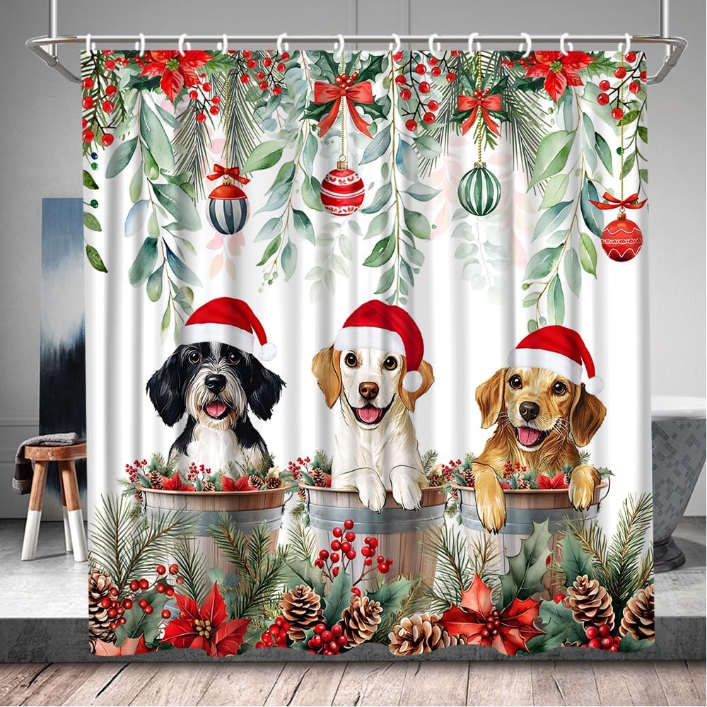 Christmas Dog Shower Curtains Funny Animals Xmas Ball Green Leaves Boys Girls Rustic Winter Farmhouse Pine Tree Bathroom Accessories Polyester with Hooks 70Wx90H Inch
