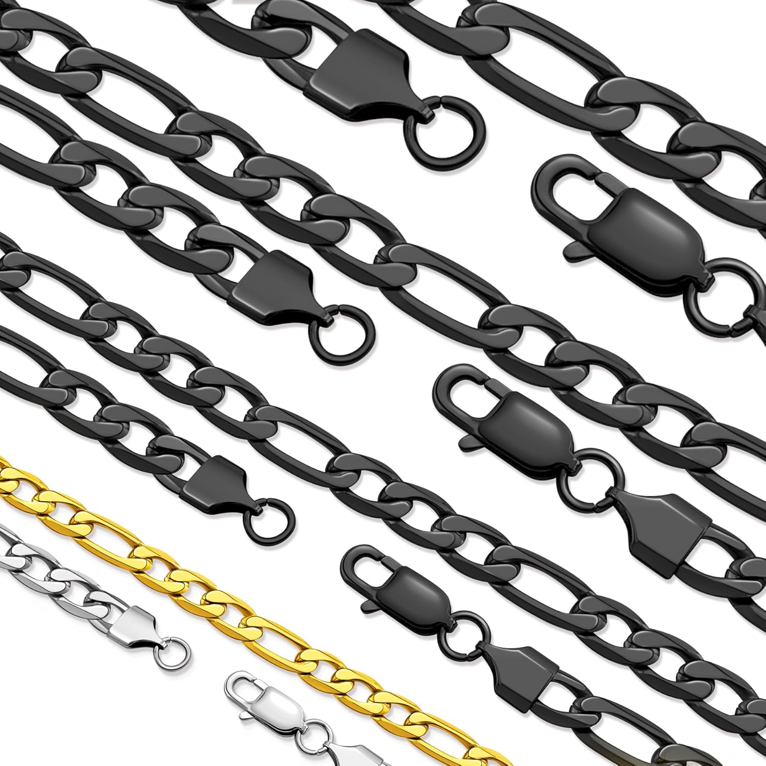 Stainless Steel Figaro Chain Necklace for Men Women, Real Gold/Black Plated Chains, 4/6/7/9mm width,18"-30" Length Jewelry Gift, Send Gift Box