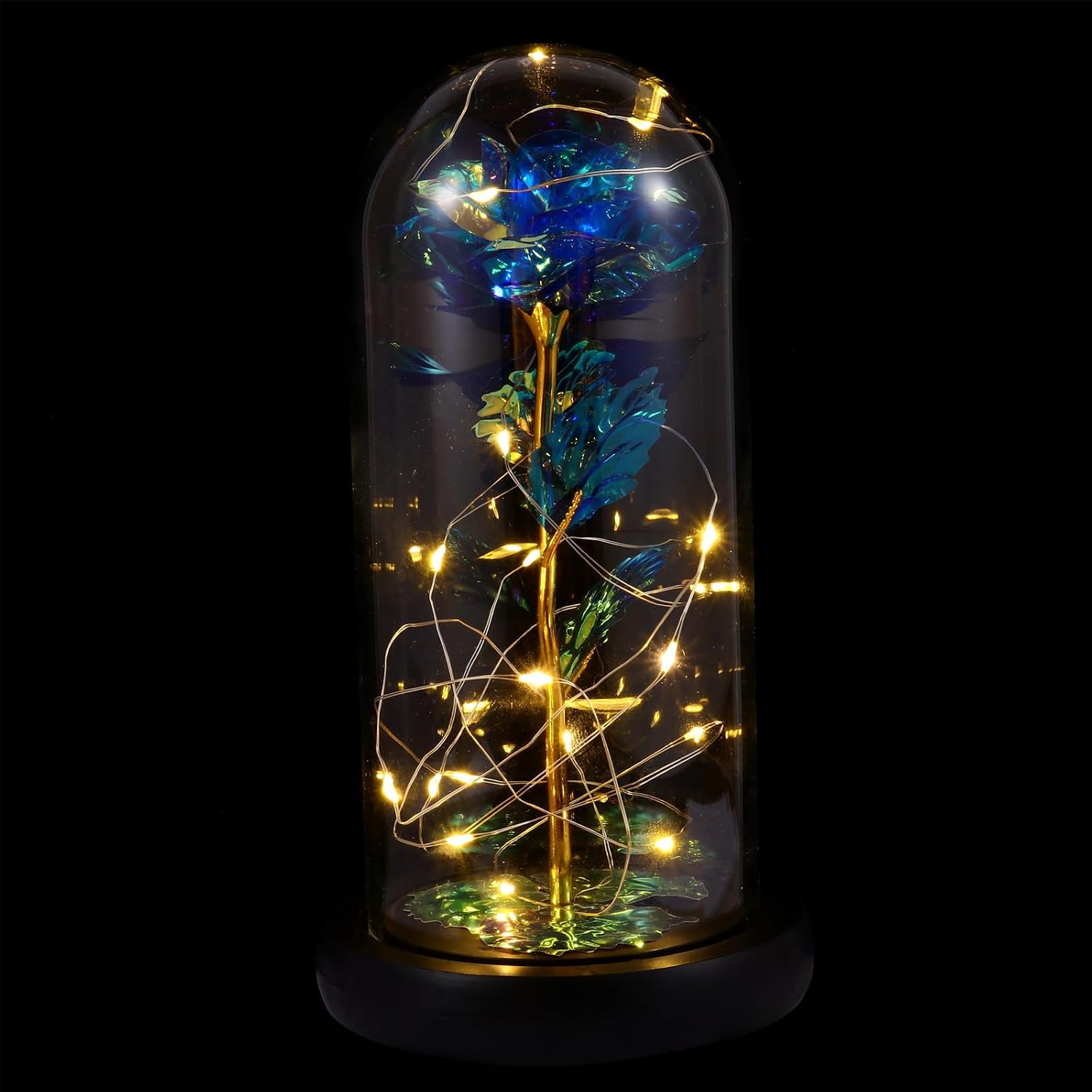 Blue Artificial Rose Glass Cover Ornament with LED Light | PC and Glass Build, Bedroom Home Decoration, Office Night Light