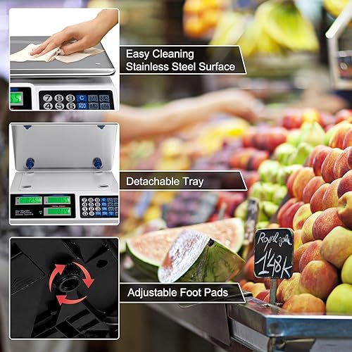 Miniatura 6 de S AFSTAR Báscula de computación electrónica de precios, báscula de pesaje de frutas y verduras de alimentos, 66 libras, batería recargable,