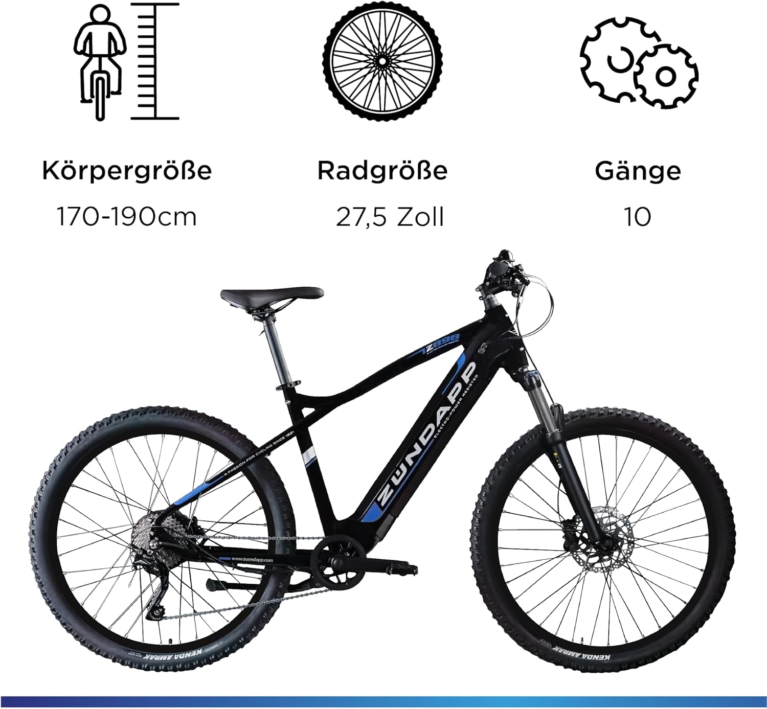 Diagram showing recommended rider height, wheel size, and gear count for the ZÜNDAPP Z898 E-Bike