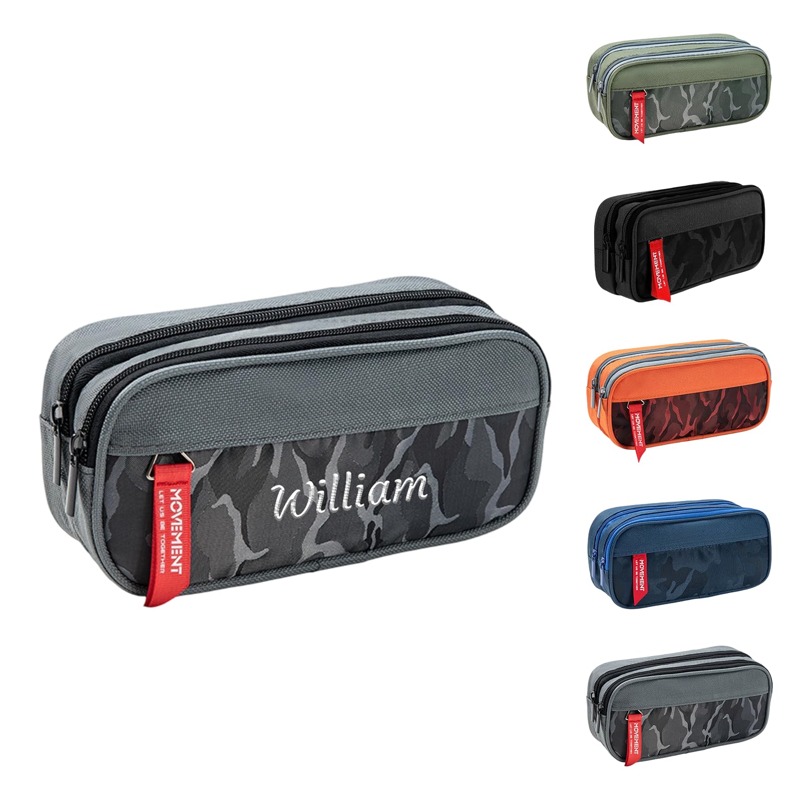 – Personalized Pencil Case with Name Embroidery, Three Compartments Pencil Pouch for School Supplies & Office, Camouflage Portable Organiser for Daily Storage/Travel Large Capacity 21.6×9.5cm (Grey)