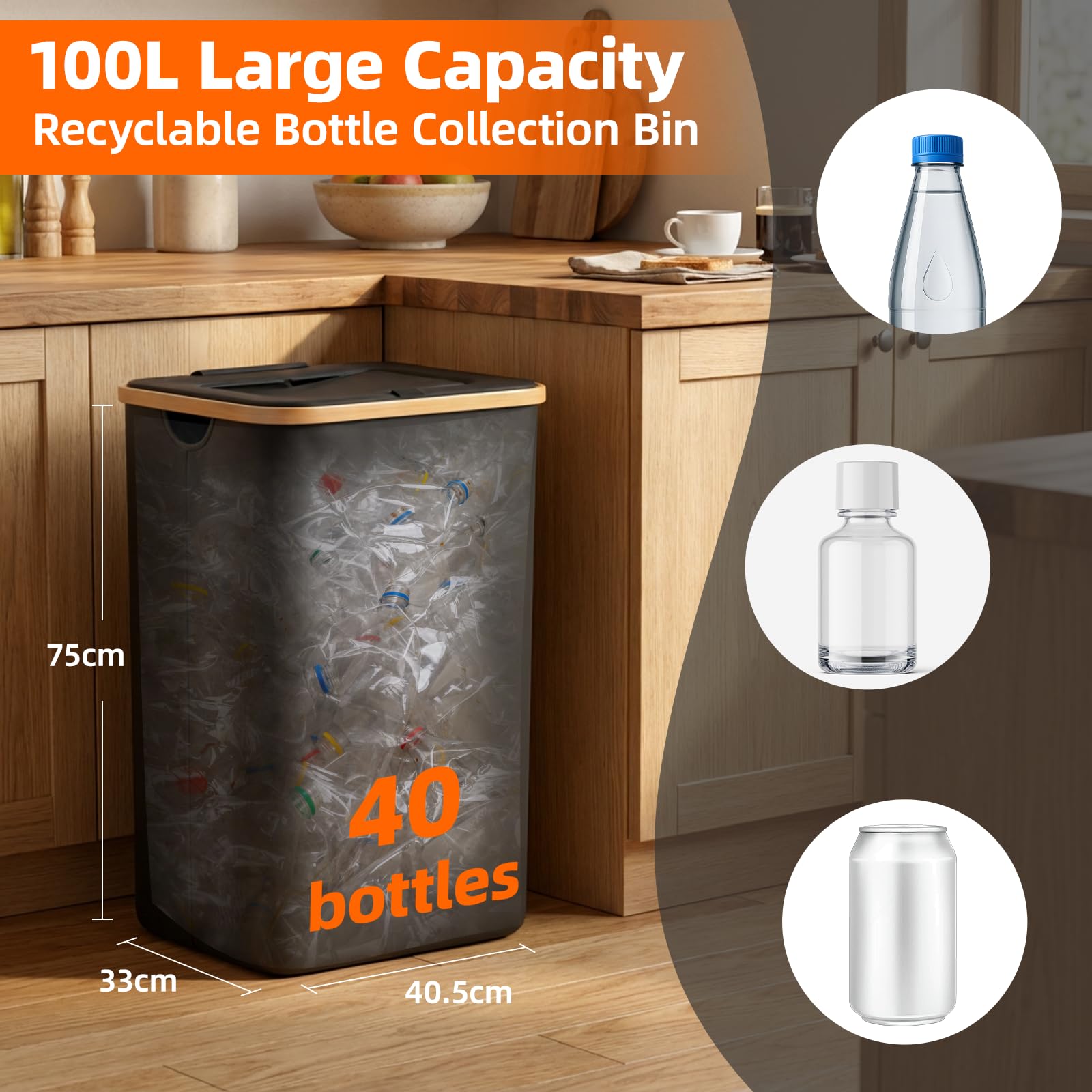 Carehabi Pfandflaschen Sammelbehälter mit Deckel 100L Pfandflaschen Behälter Groß Pfandflaschen Aufbewahrung Papiermülleimer für Küche Abstellraum 