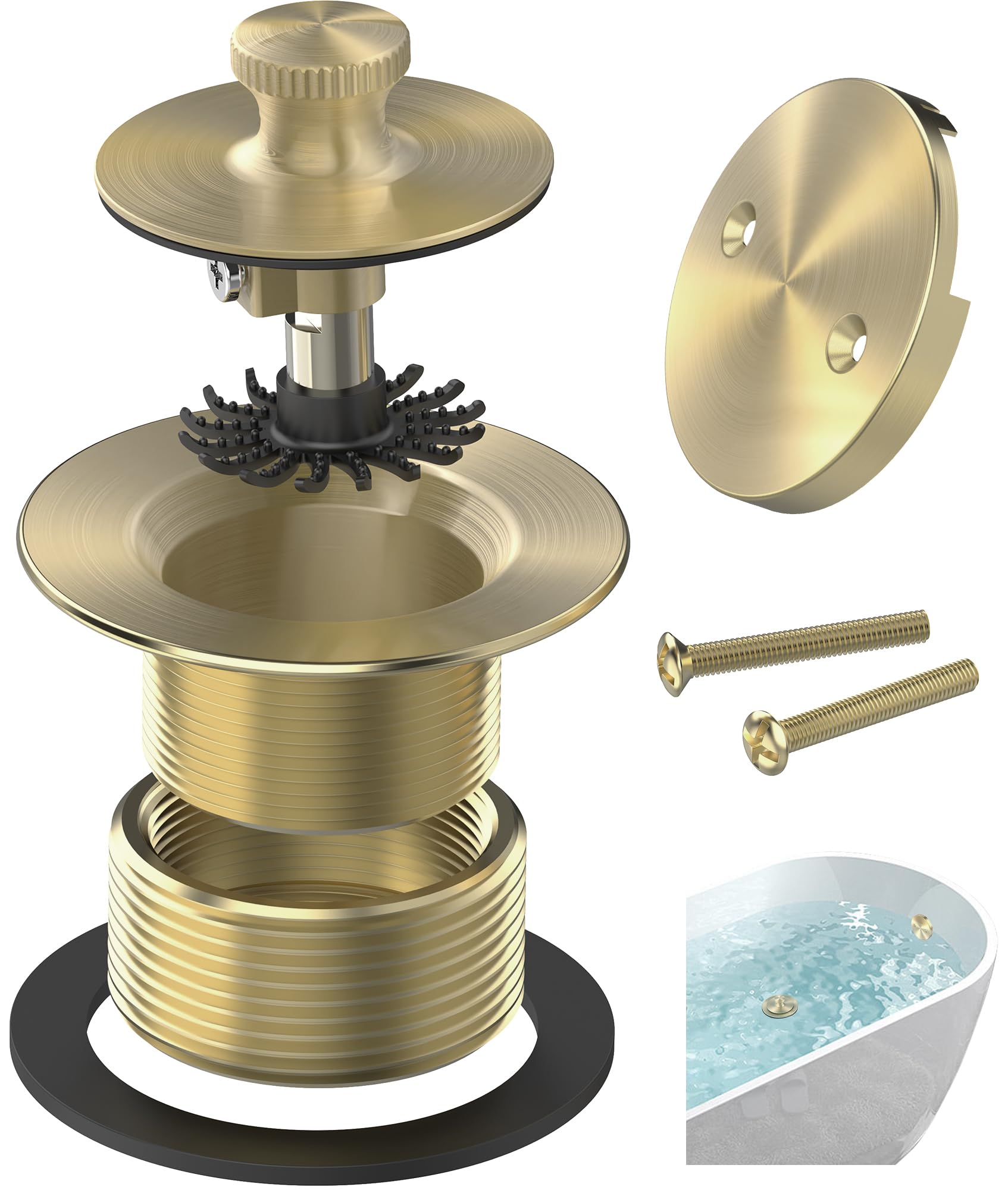 Brushed Gold Bathtub Drain, Hair Catcher and 2-Hole Overflow Faceplate, 11.5/16 UNC, Lift and Turn Bathtub Drain Replacement, Tub Drain Stopper