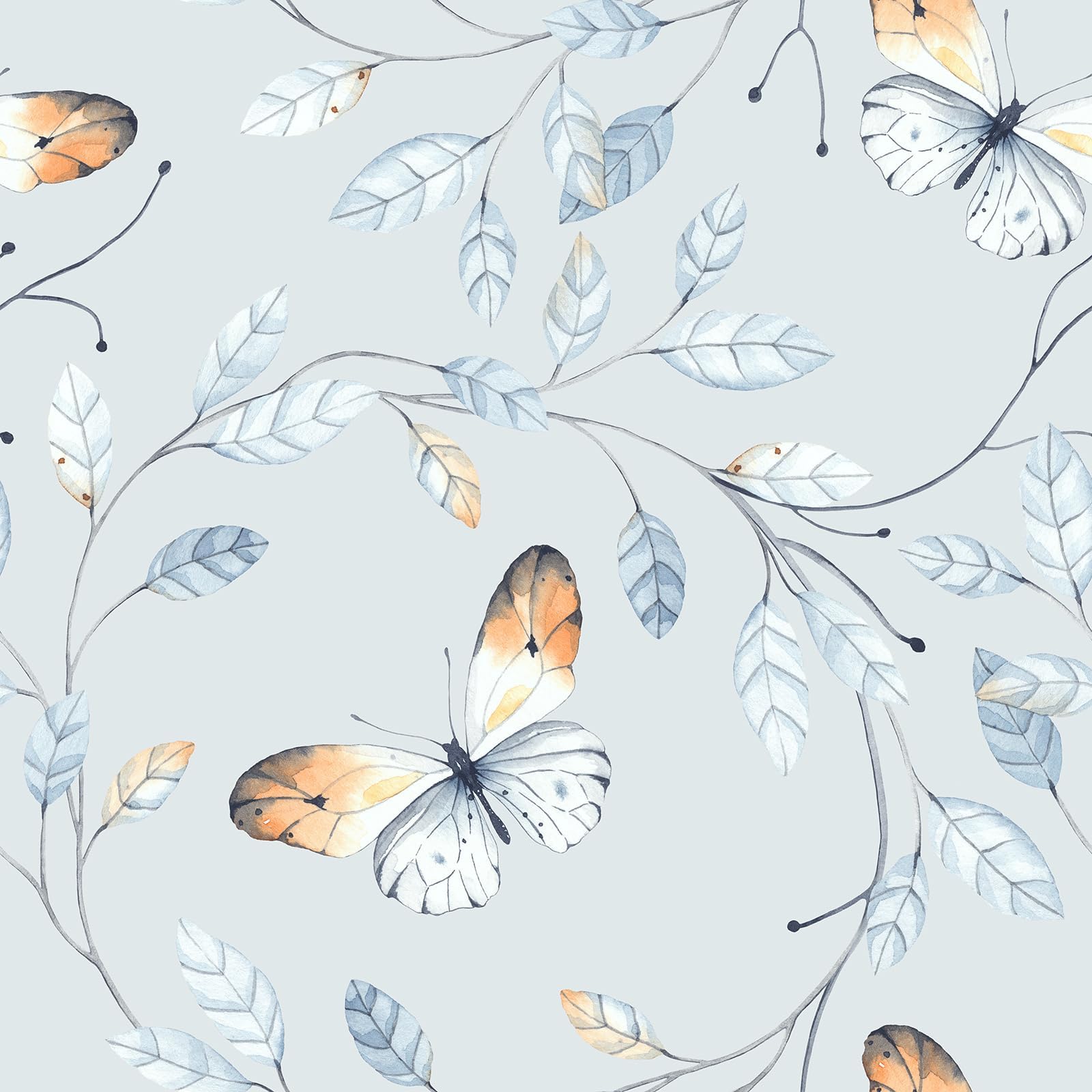 VaryPaper Rustic Butterfly Wallpaper Stick and Peel 17.7''x78.7'' Light Grey Branch Leaf Floral Wallpaper for Bedroom Butterfly Contact Paper for Walls Cabinet Removable Self Adhesive Vinyl Wall Mural