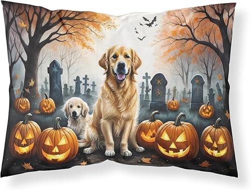 Caroline's Treasures DAC2043PILLOWCASE Golden Retriever - Funda de almohada de tela de Halloween espeluznante estándar, ligera, súper suave, fácil