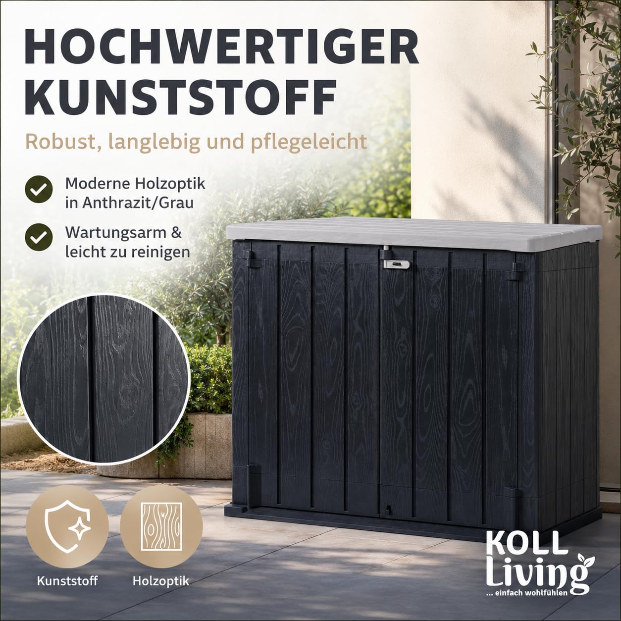 Koll Living Mülltonnenbox 'Vela' 1270 Liter | 145 x 85 x 125 cm | für 2X 240L Mülltonnen | Anthrazit | abschließbar | mit Gasdruckfedern | UV- & witterungesbeständig