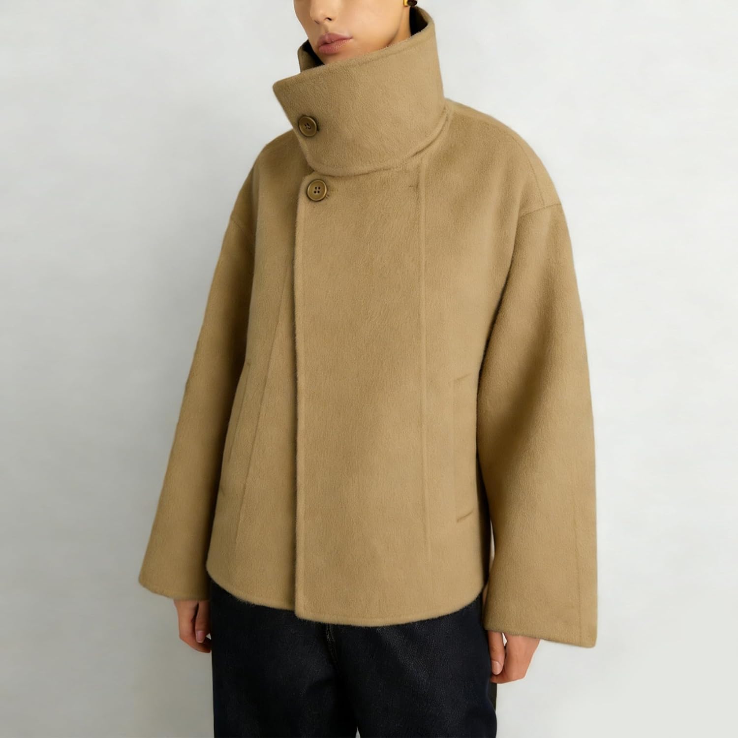 Women Cropped Pea Coat Wool Blend Stand Collar Fall Winter Warm Outfits Casual Elegant Belted Outwear