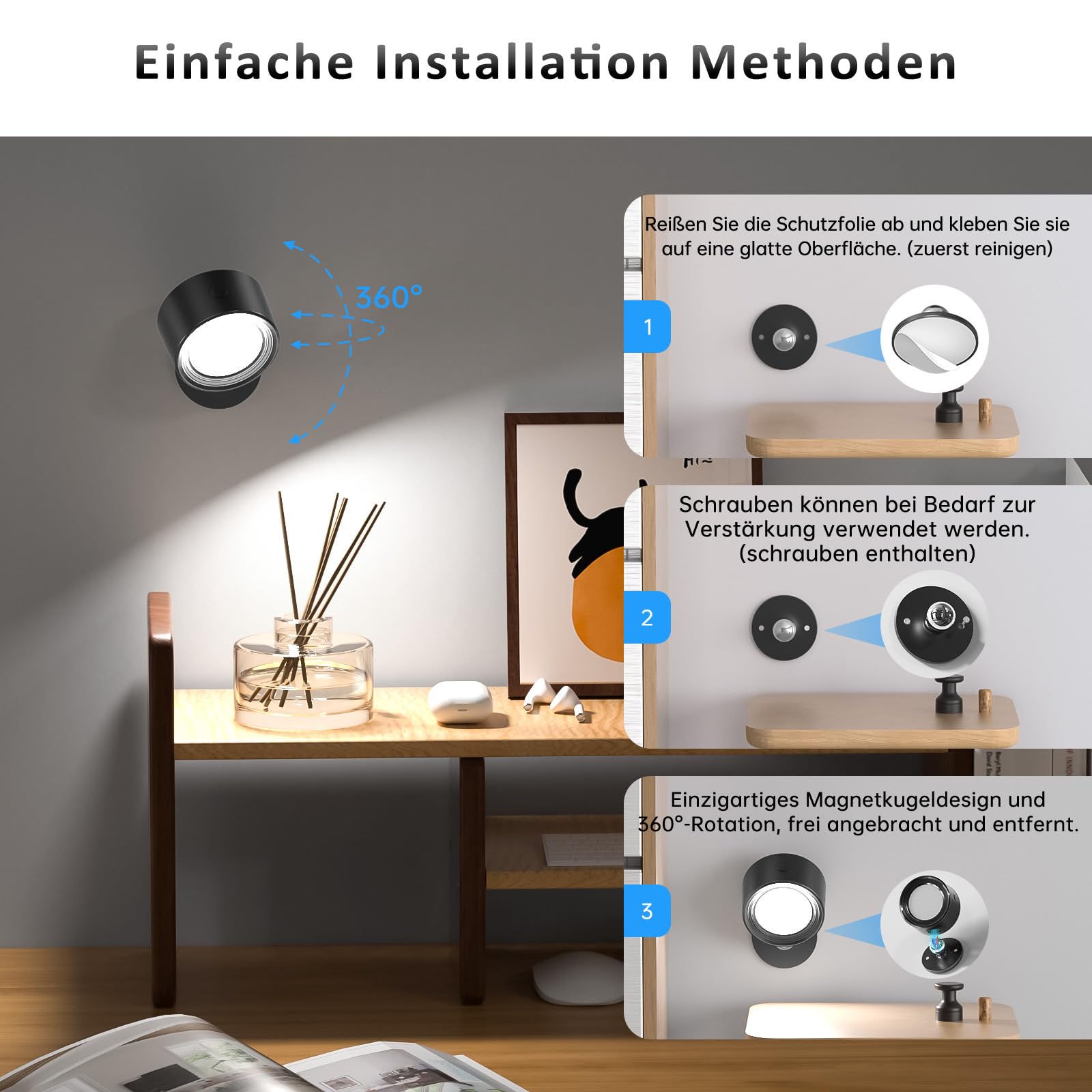 LED Wandleuchte Innen, 2 Stück Akku Wandlampe mit Fernbedienung Kabellos Leselampe, 3 Farbmodi Dimmbar Nachttischlampe Wandlicht, 360° Drehbare Aufladbare Leuchten für Treppe Wohnzimmer Schlafzimmer
