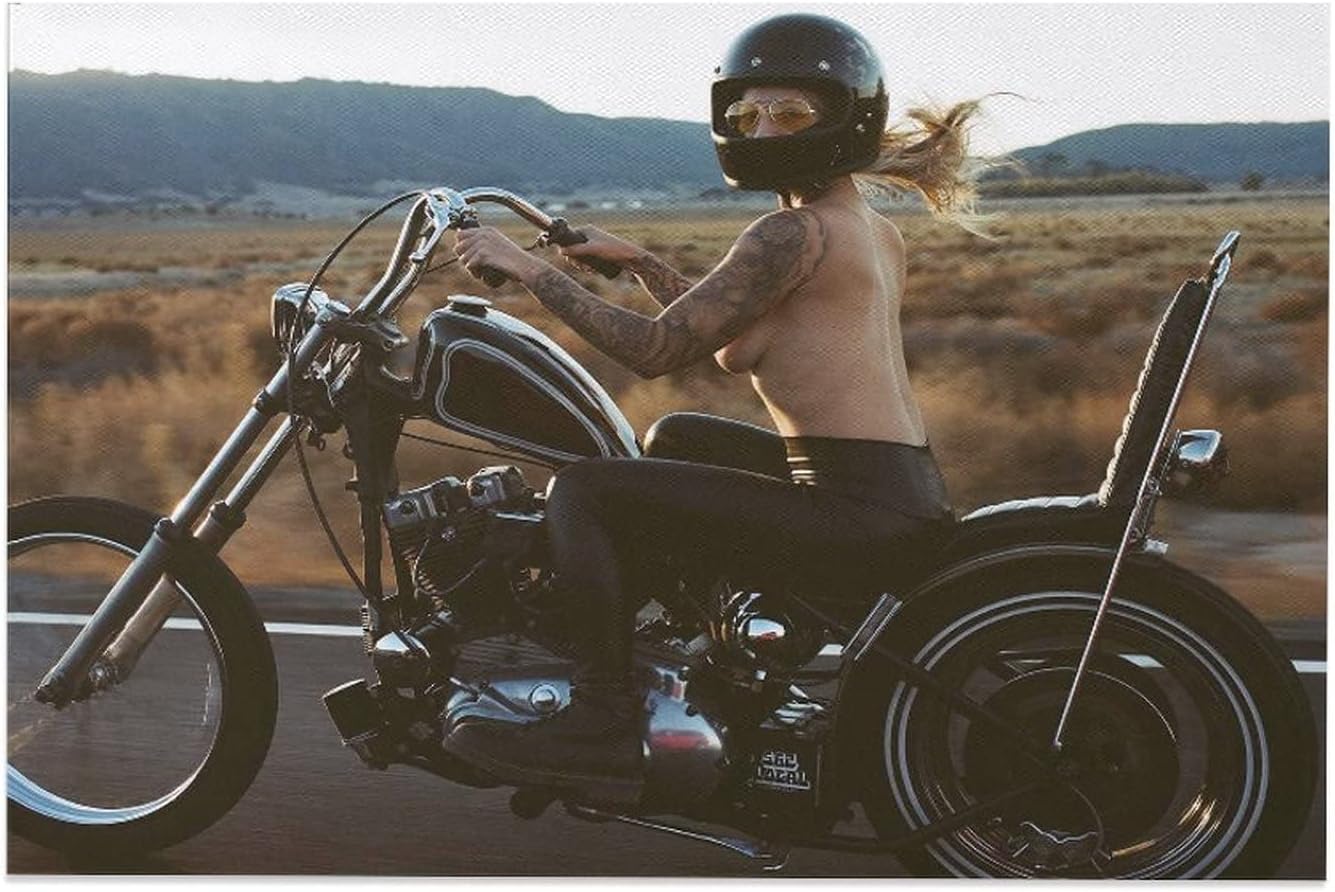 SDMFUNS Nude Motorcycle Motorcycle Sexy Girl Canvas Poster Wall Art Decor Print Picture Paintings for Living Room Bedroom Decoration 08x12inch(20x30cm)