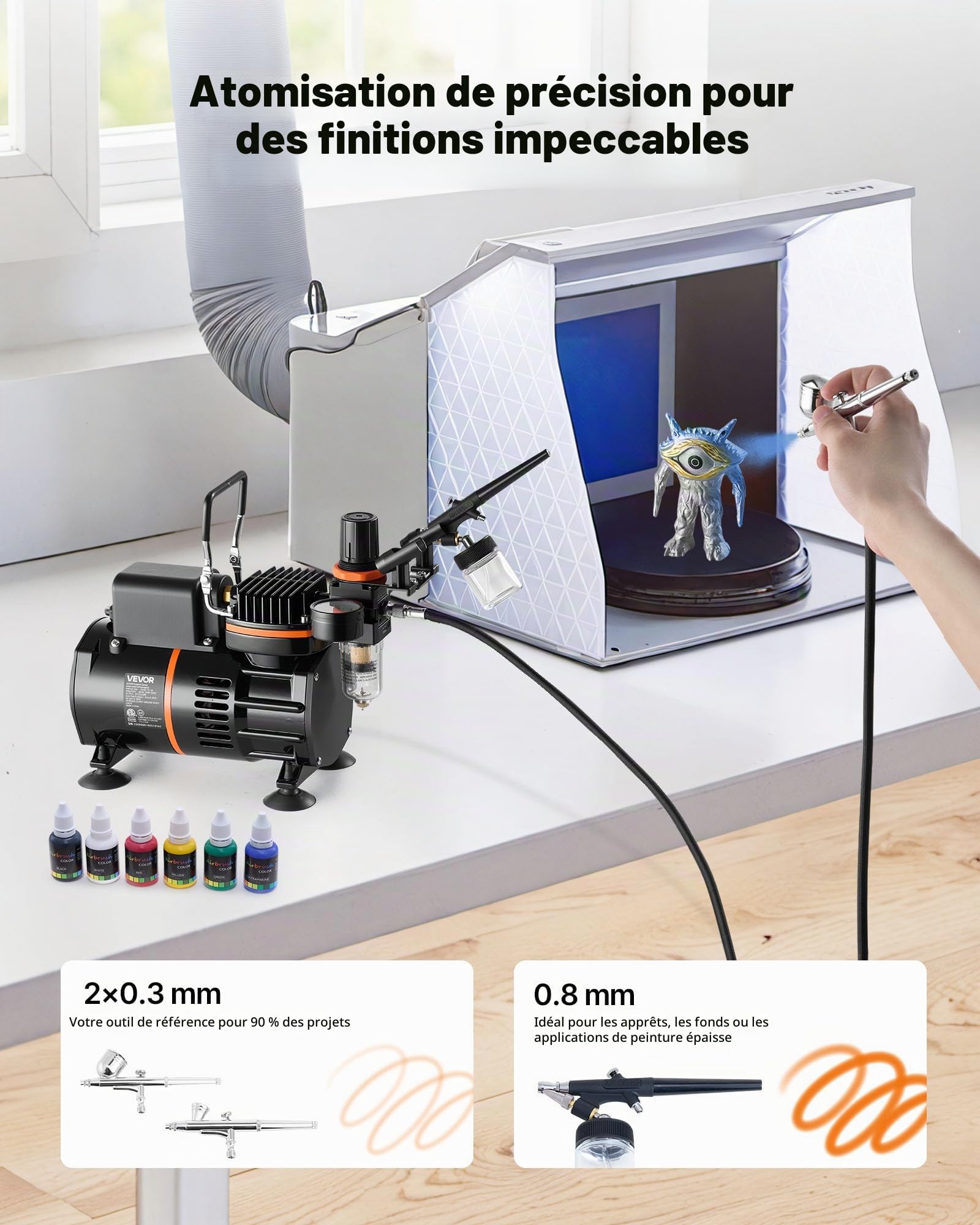 VEVOR Kit Aérographe avec Compresseur d’Air 1/6 HP, Compresseur Aérographe avec 3 Pistolets à Double Action,3 Buses, Tuyau, Peinture Acrylique, 2 Ventilateurs, Décoration Pâtisserie Onglerie
