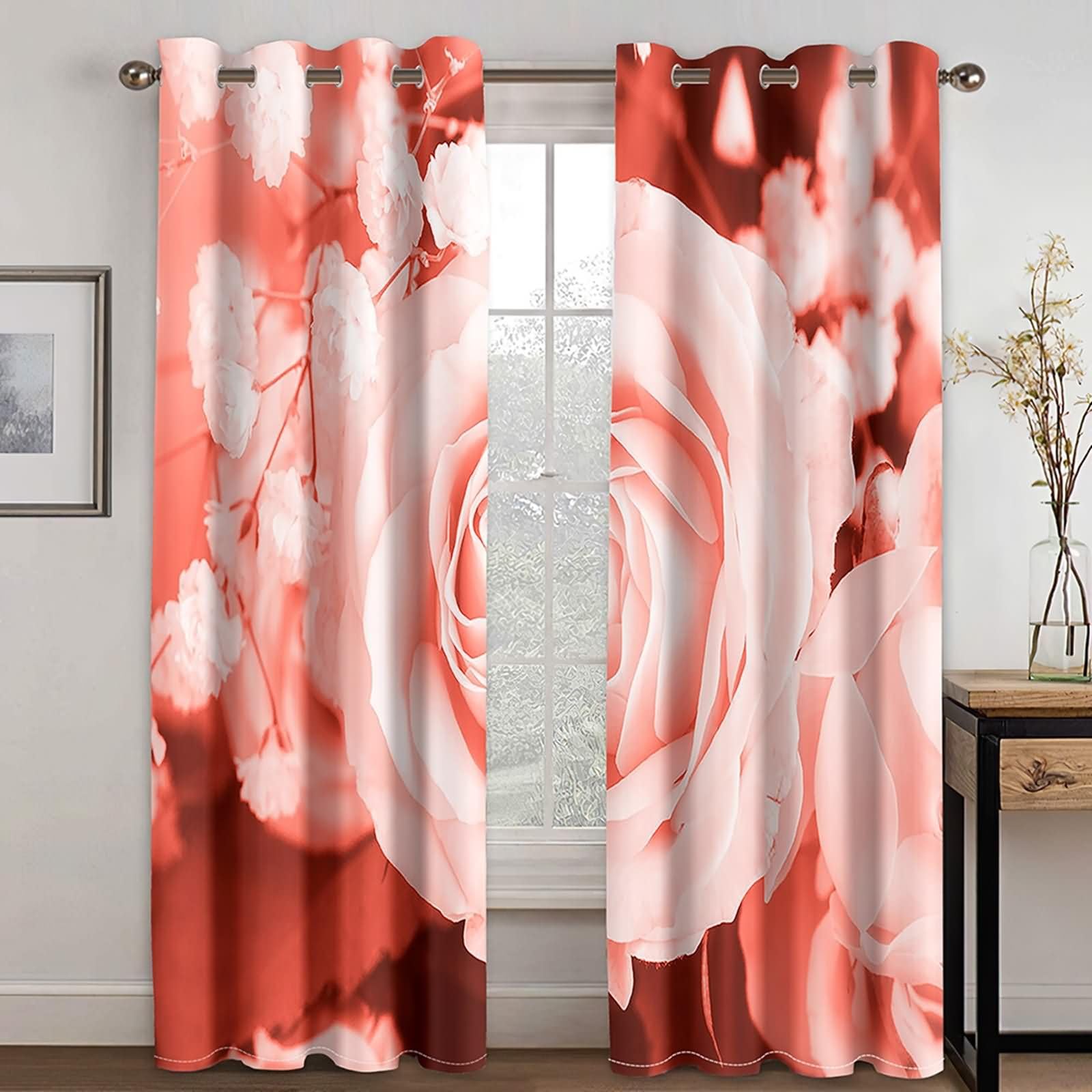 2er Pack Blickdichte Vorhänge Thermo,2 x 244W x 229H cm,Gardinen Set Ösen Rosa Blumenmuster Rot Rose Vorhänge für Küchen Modern