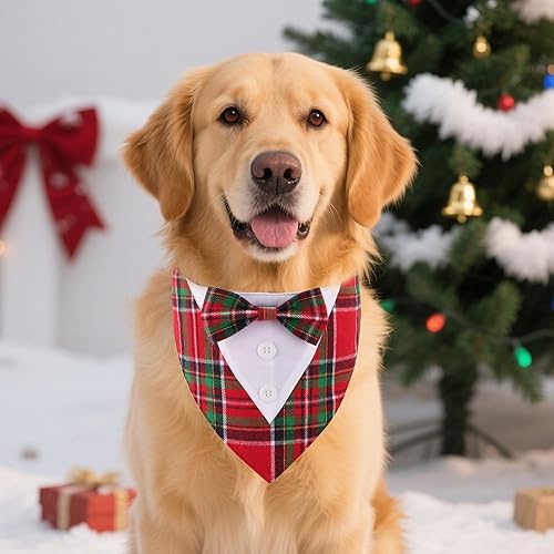 Miniatura 7 de ADOGGYGO Bandana de esmoquin de Navidad para perro, esmoquin rojo a cuadros para mascotas con corbatín, disfraz formal de Navidad ajustable para