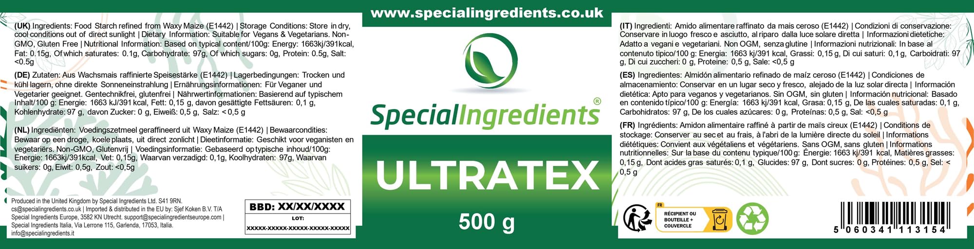 Special Ingredients Ultratex en poudre 500 g - Amidon modifié épaississant, soluble à chaud et à froid - Cuisine moléculaire, végan, sans gluten, sans OGM, casher, halal - Qualité supérieure