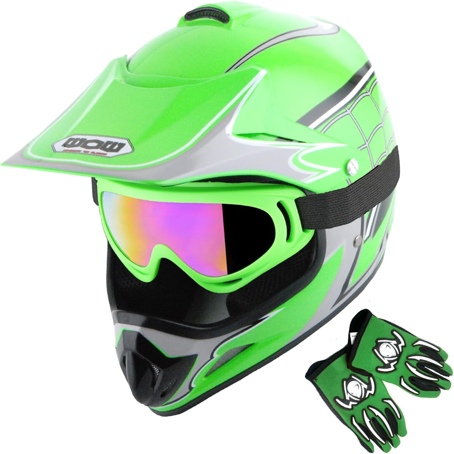 WOW Youth Kids Motocross BMX MX ATV Dirt Bike Dianasour Helmet Dragon + Goggles + Martian Youth Glove Bundle: HJOY MG Bundle