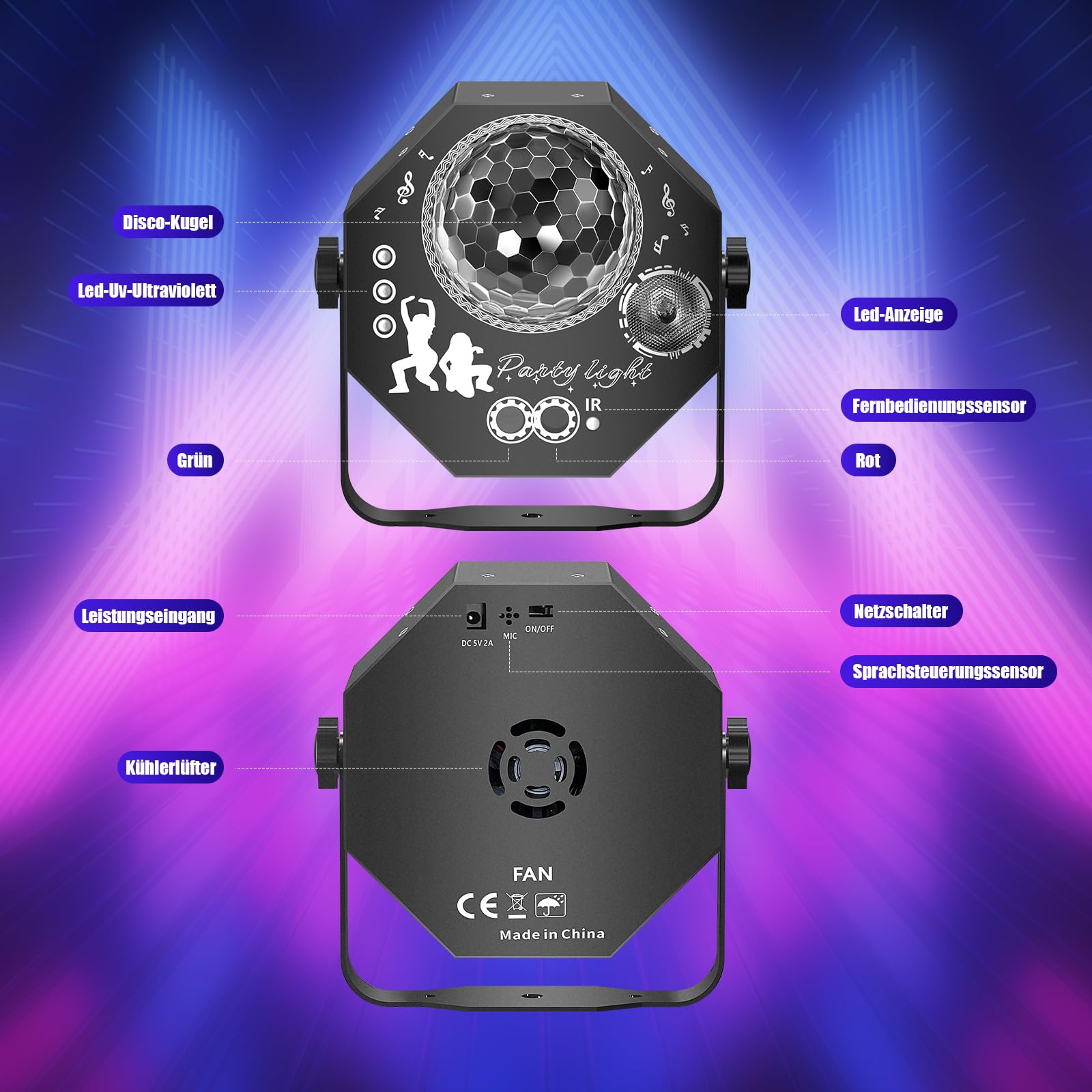 4 in 1 Disco Partylicht mit Discokugel, Musikgesteuerte DJ Disco Licht, RGB LED Par Strahler, Lichteffekte Partylicht für Hauspartys, Clubs, Halloween, Weihnachten