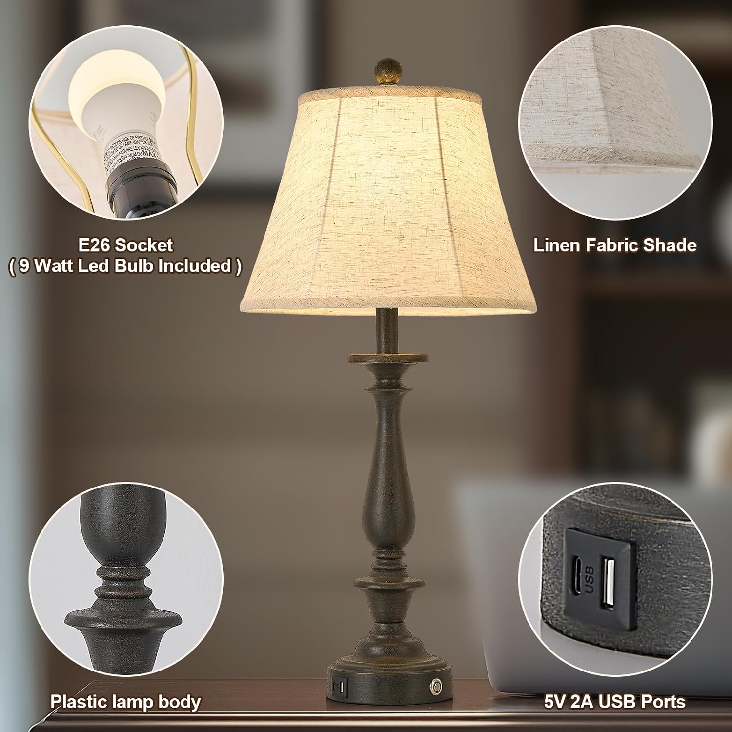 AIDENOEY 28.5" Traditional Table Lamp Set of 2, Rustic Farmhouse Table Lamps for Living Room Bedroom, Bedside Desk Lamps Vintage Nightstand Lamps with Silk Fabric Shades,Antique Rust Table Lamp image 3