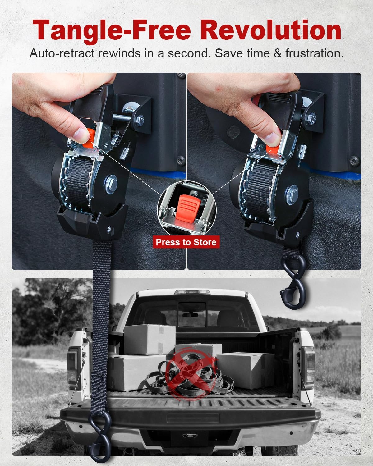 2PCS Retractable Ratchet Straps Compatible with 2015-2025 Ford F150 Boxlink, 360° Rotating Tie-Down Straps with Auto-Retract System for Ultimate Truck Bed Cargo Security