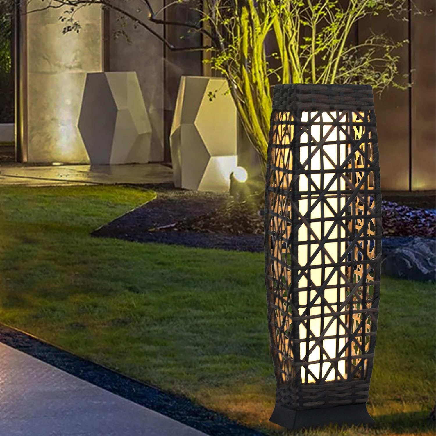 Outdoor Solar Powered Rattan Floor Lamp, 68cm High Outdoor Solar Powered Resin Wicker Deck Light, Waterproof Post Landscape Decoration Lantern for Lawn Patio Pathway Driveway Backyard Garden (QN001)