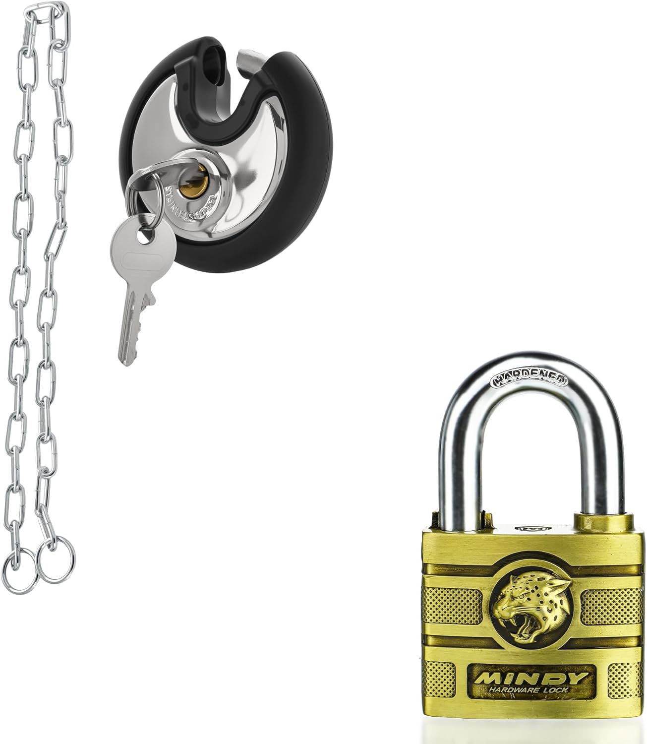 Black Heavy Duty Disc Padlock and 60mm Heavy Duty Waterproof Keyed Padlock
