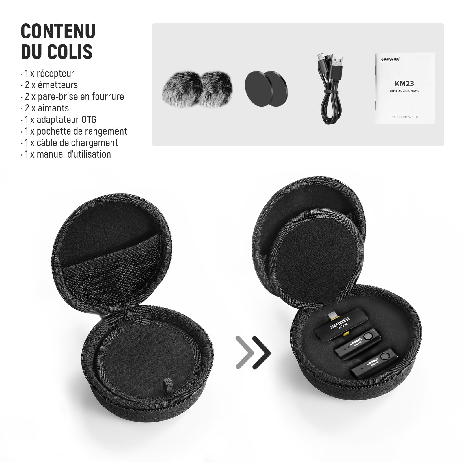 NEEWER Kit de Microphone Cravate sans Fil pour USB C, Micros à Condensateur Omnidirectionnels Compatibles avec iPhone 15, Téléphone Android Samsung, Mini Micro Cravate Antibruit pour Vlogging, KM23