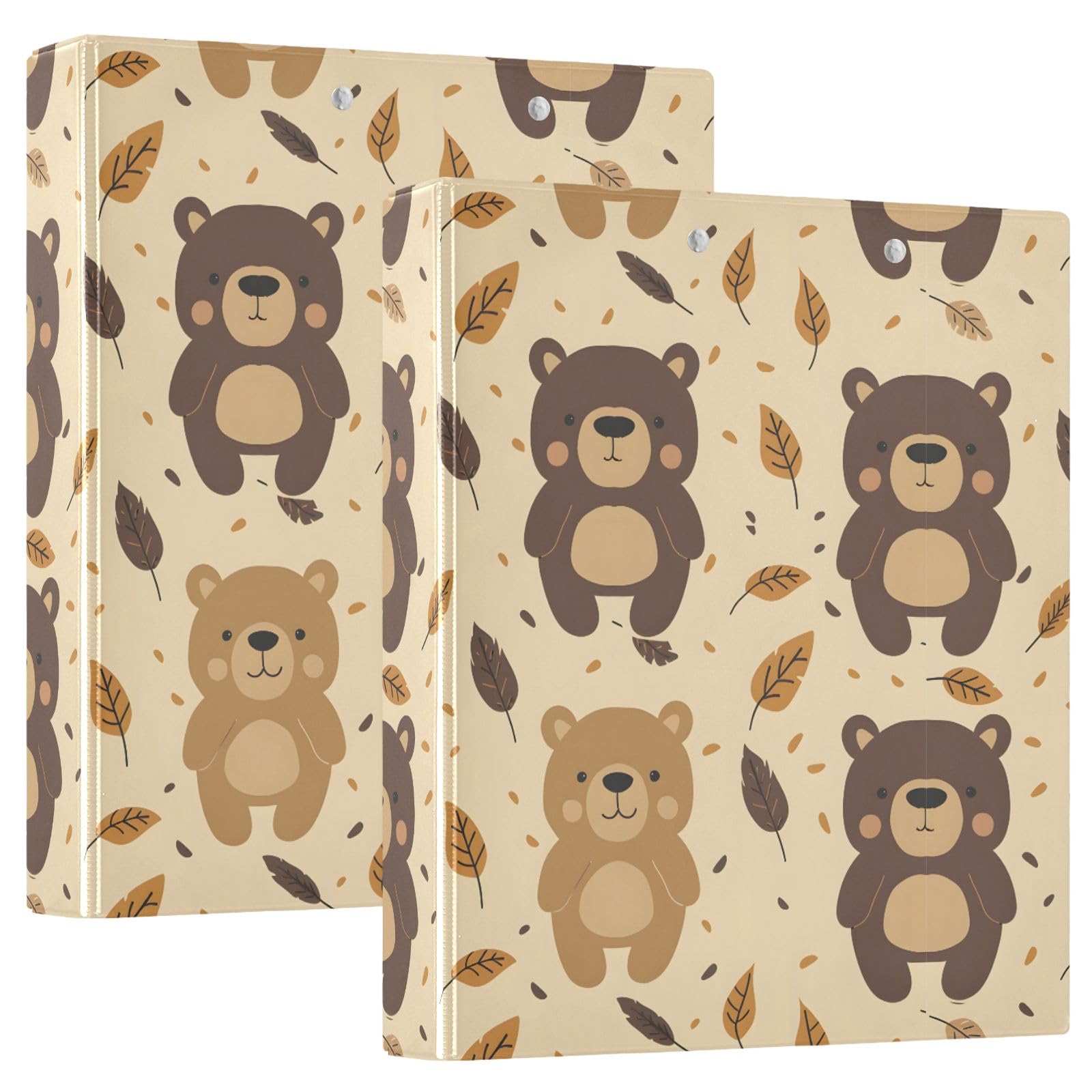 Cartoon Brown Bear Print 3 Ring Binder, 1.5 Inch Round Ring Binder Holds 200 Sheets with 3 Interior PVC Clear Pockets for School Office