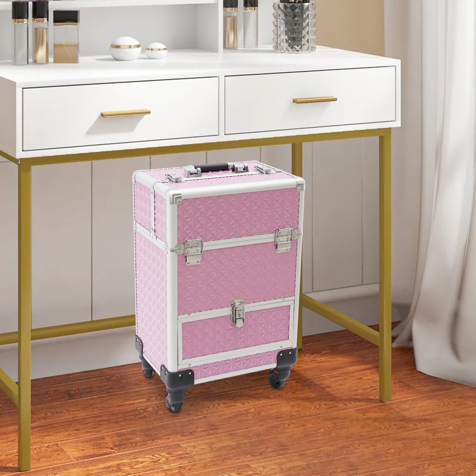 Mobiler Friseurwagen Professioneller Make-up-Trolley Aus Aluminium, Kosmetikkoffer Mit Schubladen, 4 Rädern, Friseurkoffer Salon Ausstattung(Silver)