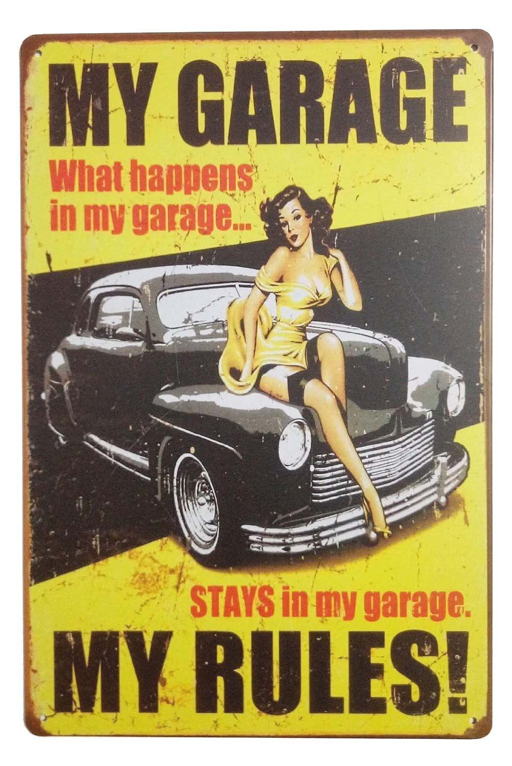 Hioni Girls Metal Tin Sign My Garage My Rules What Happens Pin-Up Vintage Plaque Wall Decor