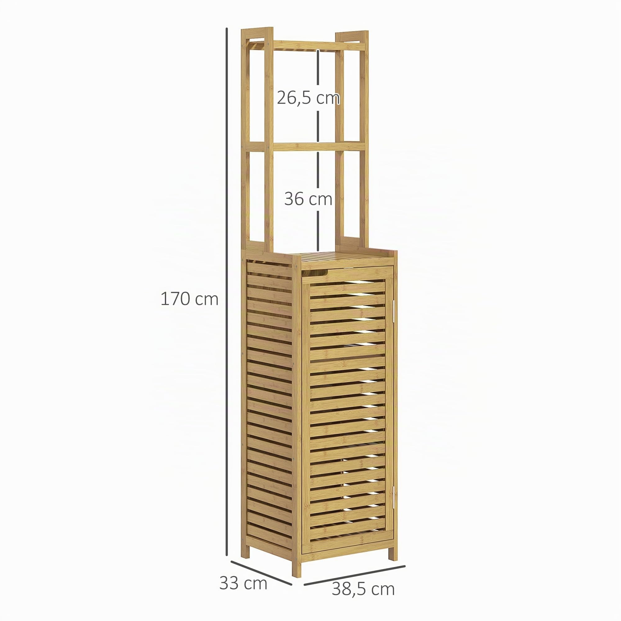 HOMCOM Meuble Colonne Salle de Bain en Bambou 38,5 x 33 x 170 cm Naturel | Armoire Haute, 3 Étagères, Placard 1 Porte, Meuble de Rangement sur Pied