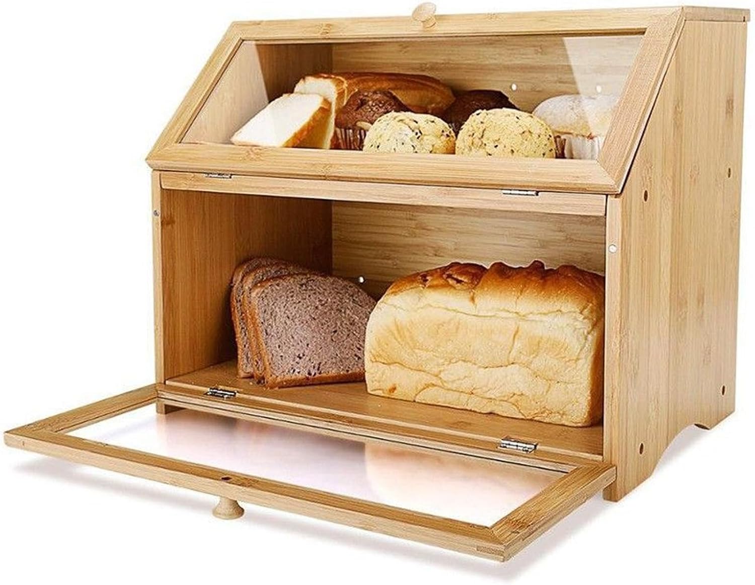 木製 パン 箱 - ヴィンテージ 二段 収納 オーガナイザー - キッチンカウンターパン収納ホルダー,ベーグル・デザート・マフィン・