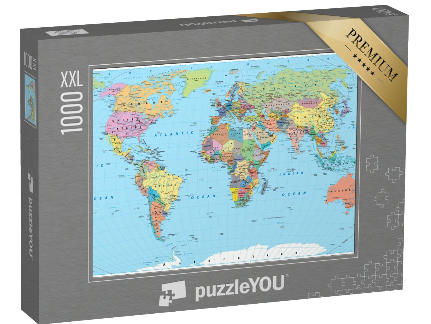 Puzzle 1000 pièces XXL « Carte du Monde en Couleur - frontières, Pays, Routes et Villes »