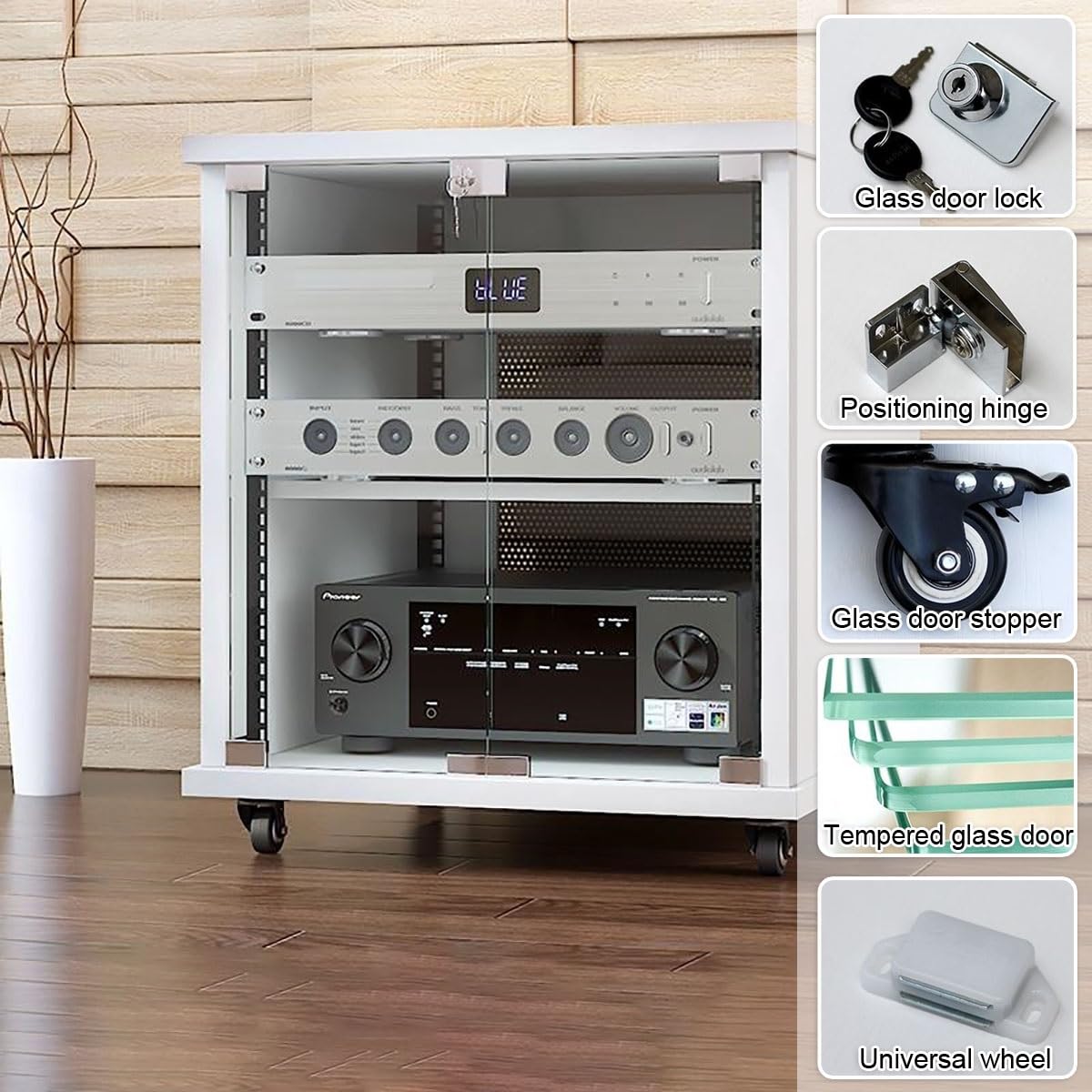 Rack Audio Mobile Con Ruote Universali, Mobiletto Rack Per Stereo, Mobile Per Stereo Hifi Chiuso, Mobile Hifi Legno, Mobile Hifi Con Ruote Adatto Per Lettori DVD/Console Di Gioco/Accessori TV(Black,H8