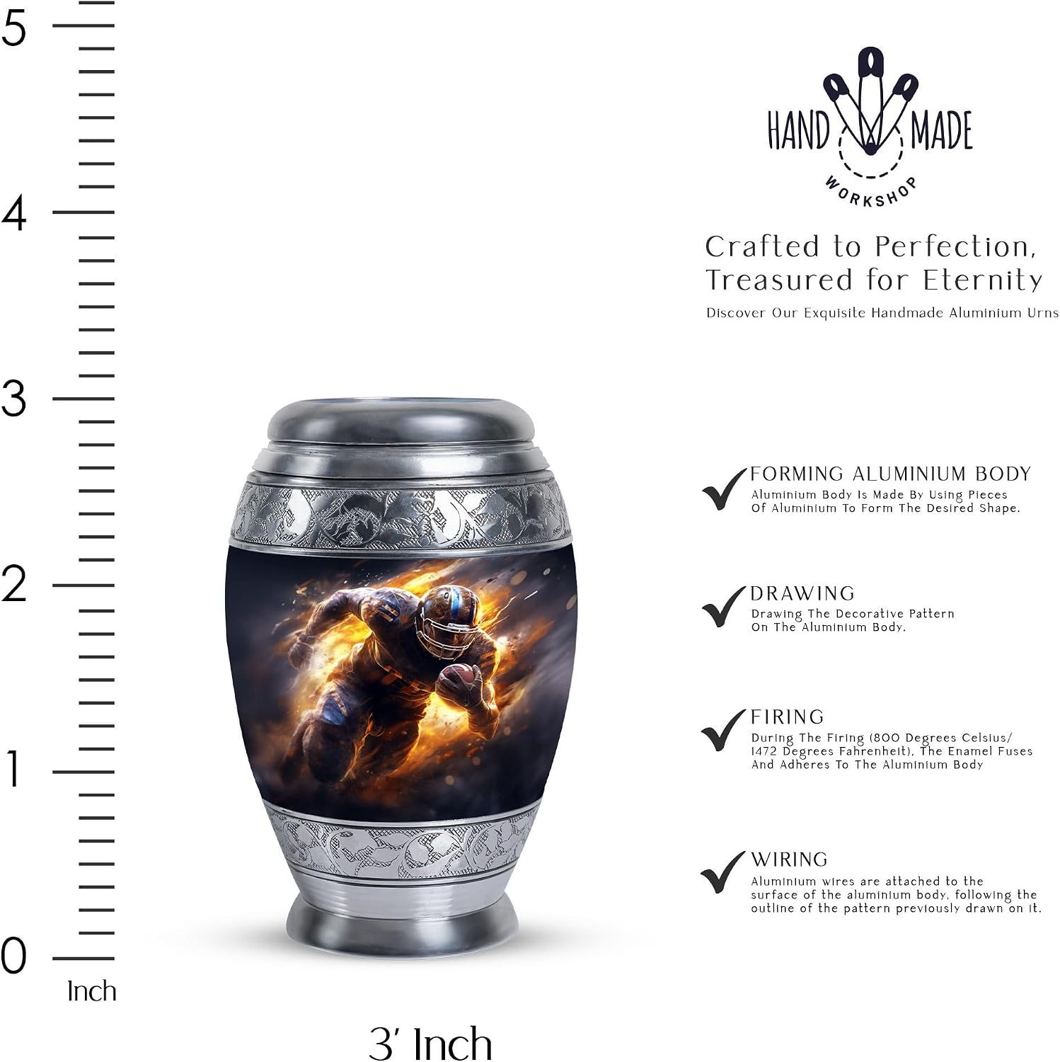 Flaming Football Player Charging Ahead - Funeral Cremation Urns for Ashes - Decorative Urns for Ashes - 3 Inch - Pack of 1 - Cremation Urns Small - Burial Urns for Ashes - Ash Urns - Mini Urn