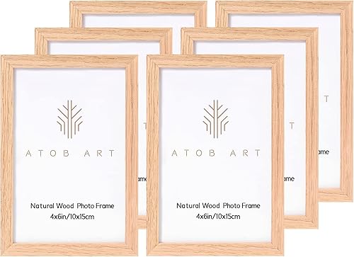Miniatura 1 de ATOBART Juego de 6 portarretratos de 4 x 6, hechos de madera maciza de roble con parte delantera de vidrio real, marco de fotos de madera natural de