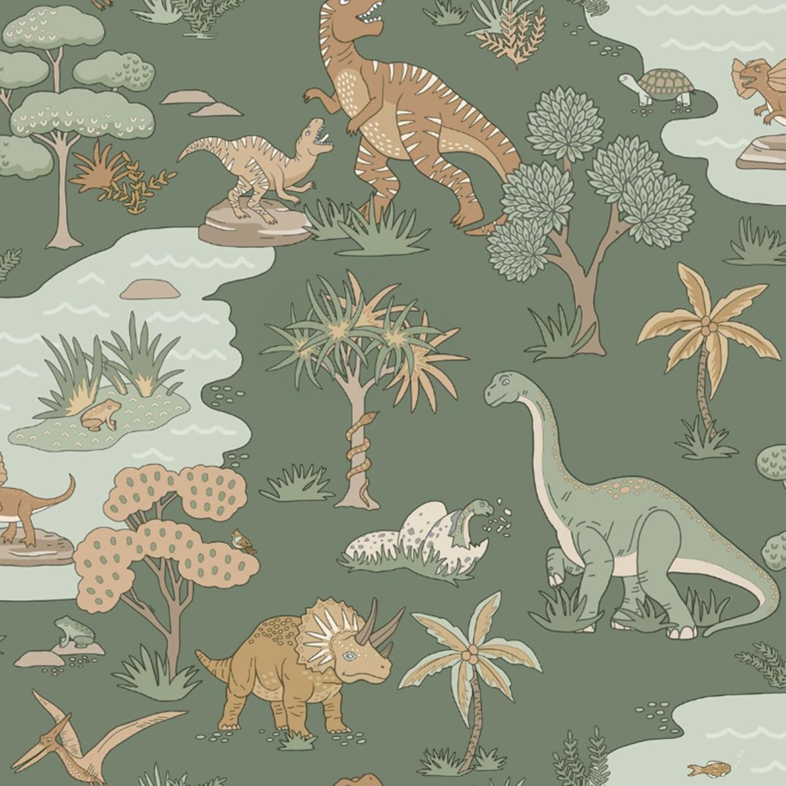 Sophie Laurence Green Beige Kids Green Dino Wallpaper Dinosaurs Snakes Frogs Feature Wall Playroom Bedroom