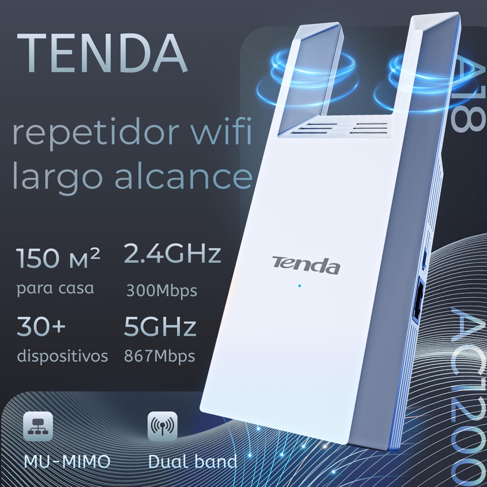 Tenda A18 AC1200 Repetidor WiFi, Extensor Amplificador Doble Banda 2.4/5 GHz, Cobertura hasta 150 m², Puerto Ethernet, Modo Ap, Indicador LED, WPS, WPA2