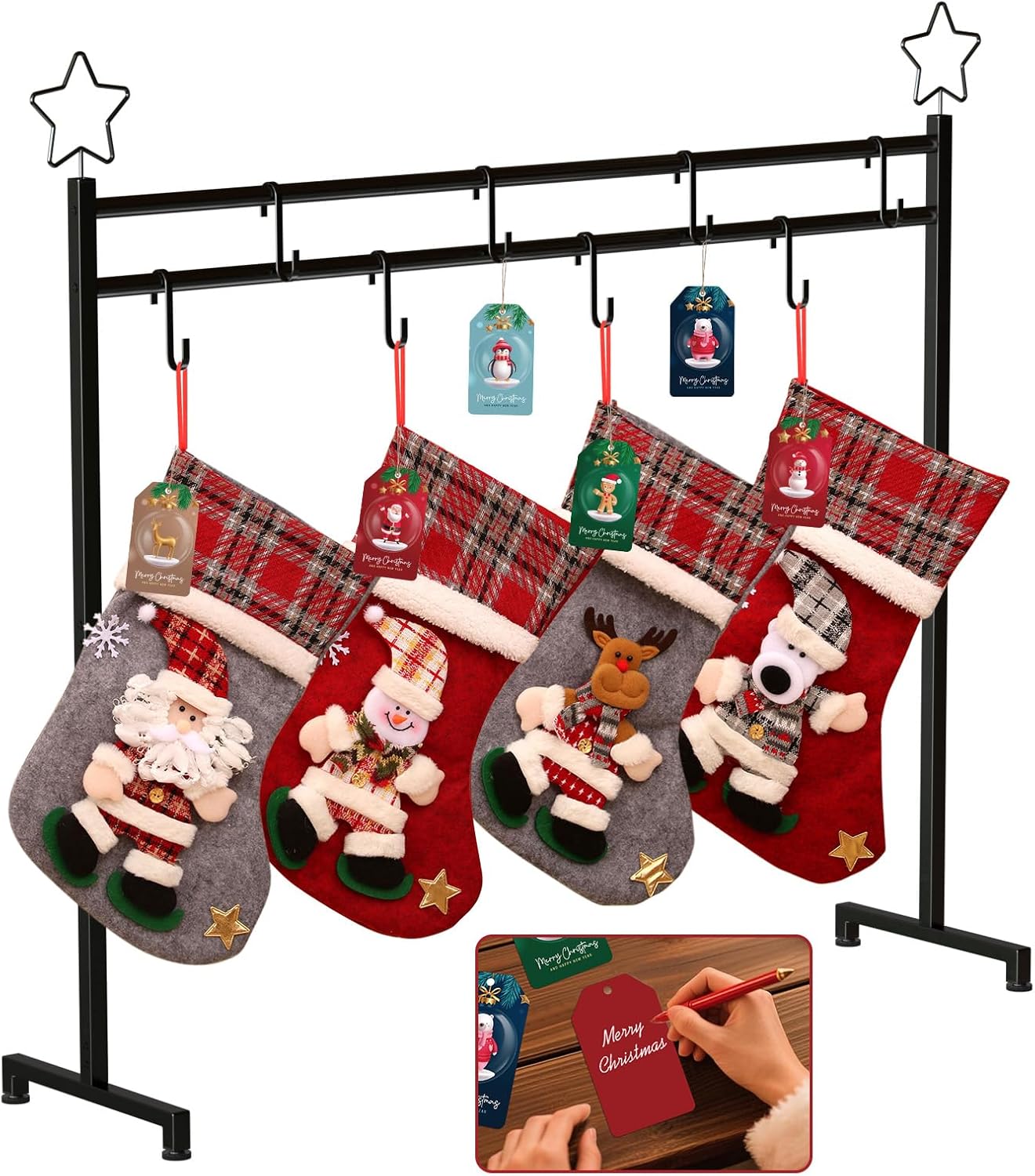 3.5Ft Christmas Stocking Holder, Freestanding Stocking Holder Stand- Included 4 Xmas Socks, 8 Hooks & 6 Holiday Cards, 25 LBS Max Load Capacity Metal Holiday Decor Hanger Display for Home, Living Room