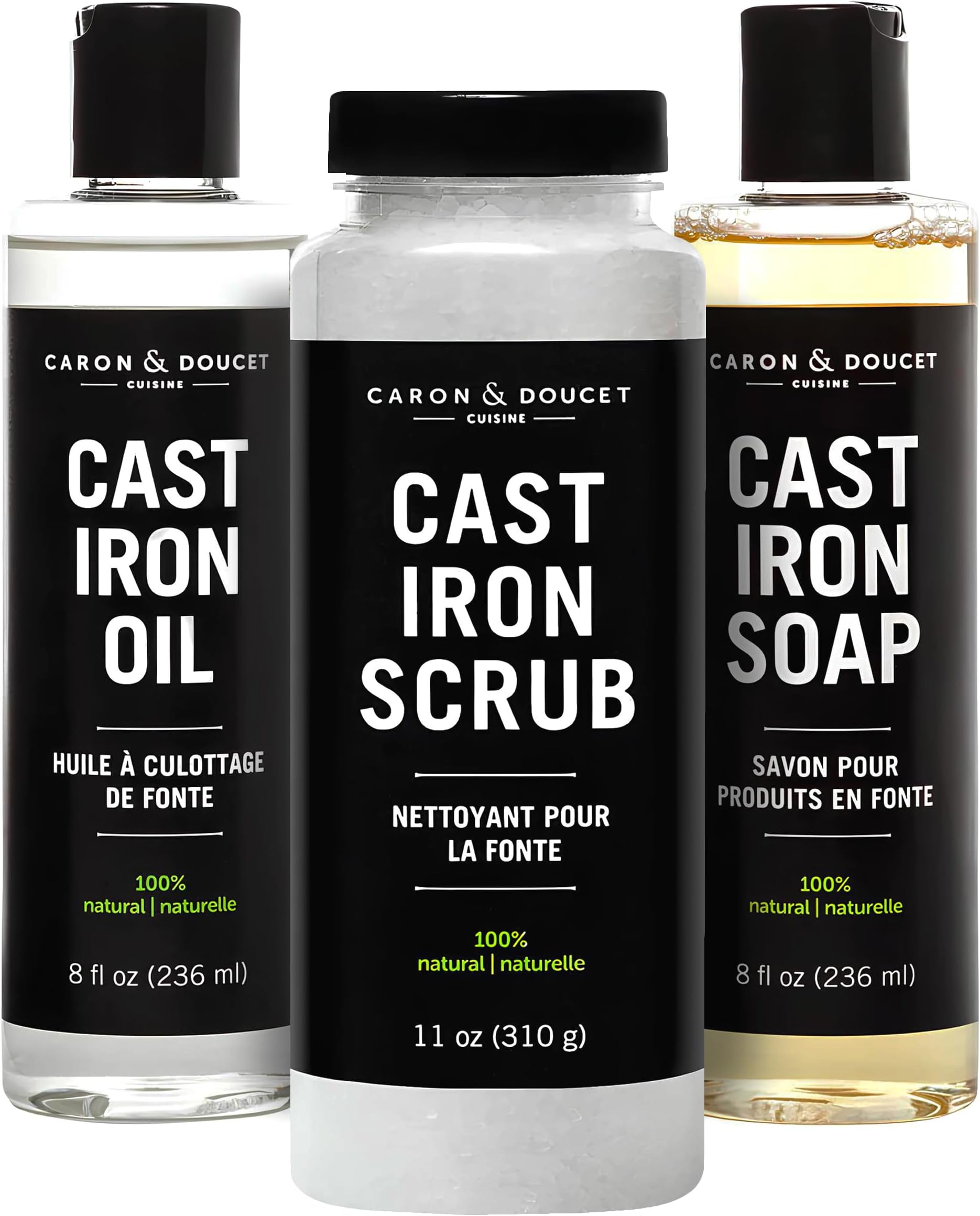 Cast Iron Seasoning Conditioning Ultimate Bundle - Cast Iron Oil, Cast Iron Soap Cast Iron Scrub - 100% Plant Based Formulation - Helps Maintain Seasoning on All Cast Iron Cookware.