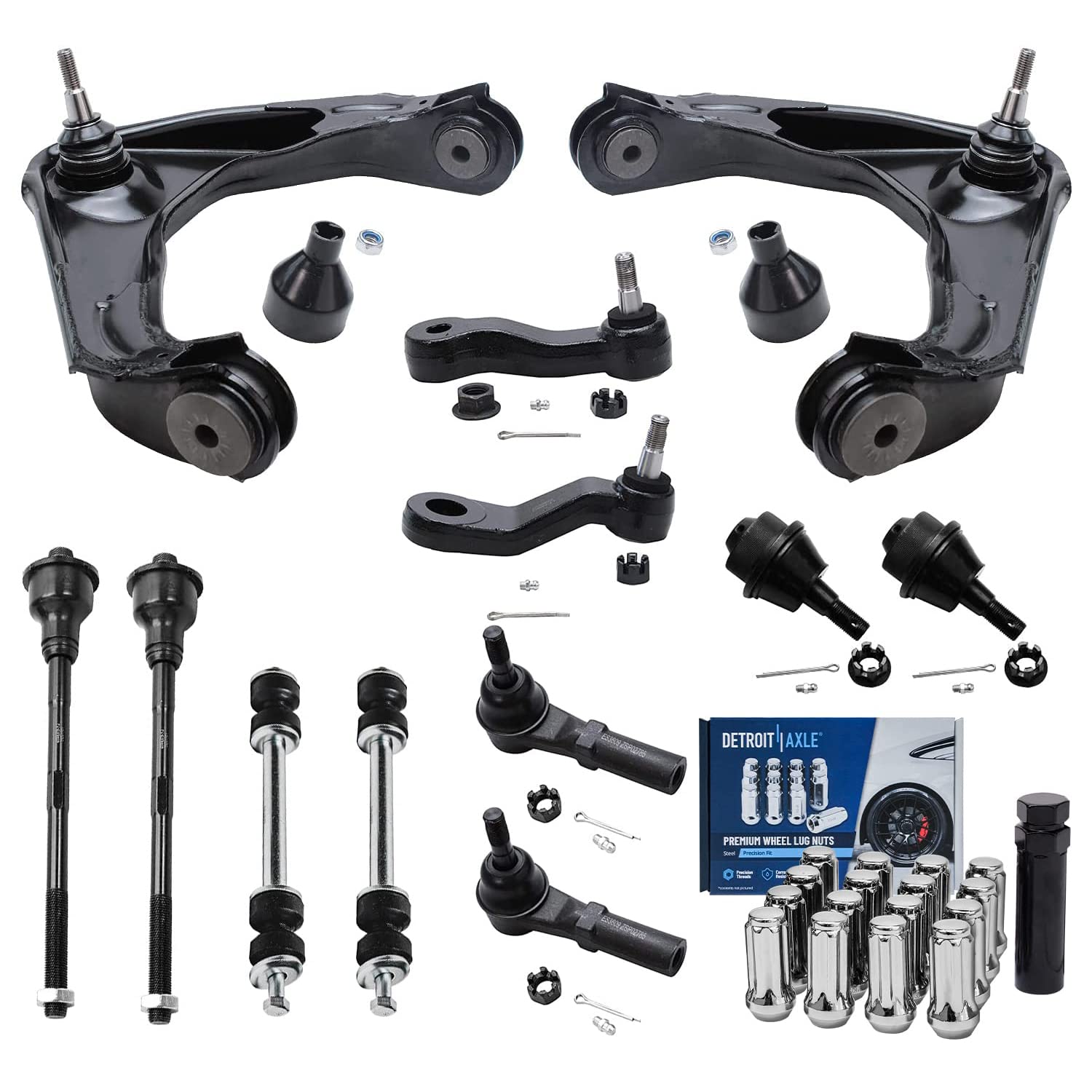 Detroit Axle - 4WD Front End Kit for 2001-2004 Chevy Silverado 2500 2001-2006 Silverado 3500 Suburban GMC Yukon Sierra, Control Arms Tie Rods Sway Bars Ball Joints Lug Nuts Pitman Idler Arms