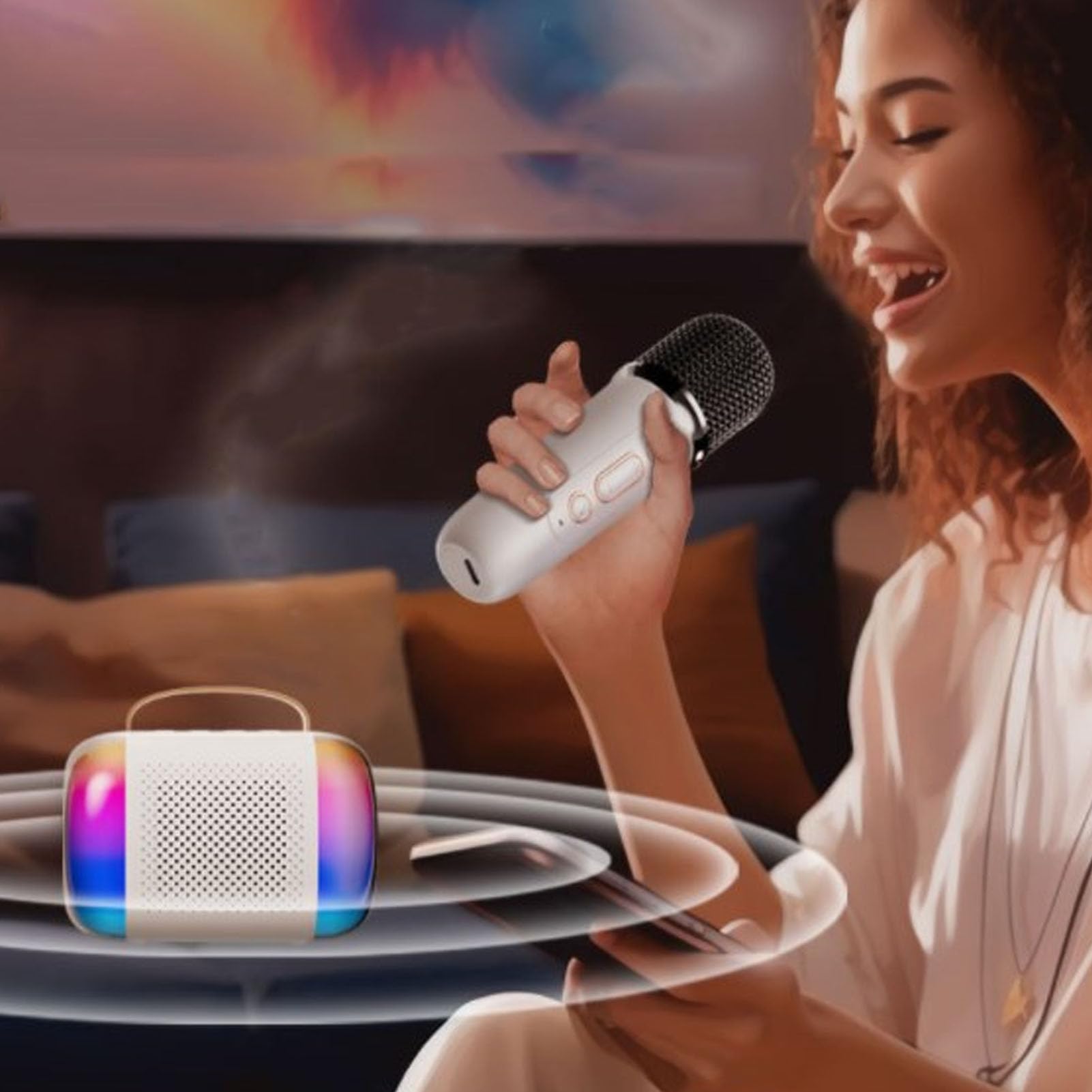 Macchina per Karaoke Portatile con Microfoni Altoparlante 5.3 Set KTV con Luce RGB per Bambini Adulti Festa in Famiglia Casa all'aperto Bianco (WHITE)