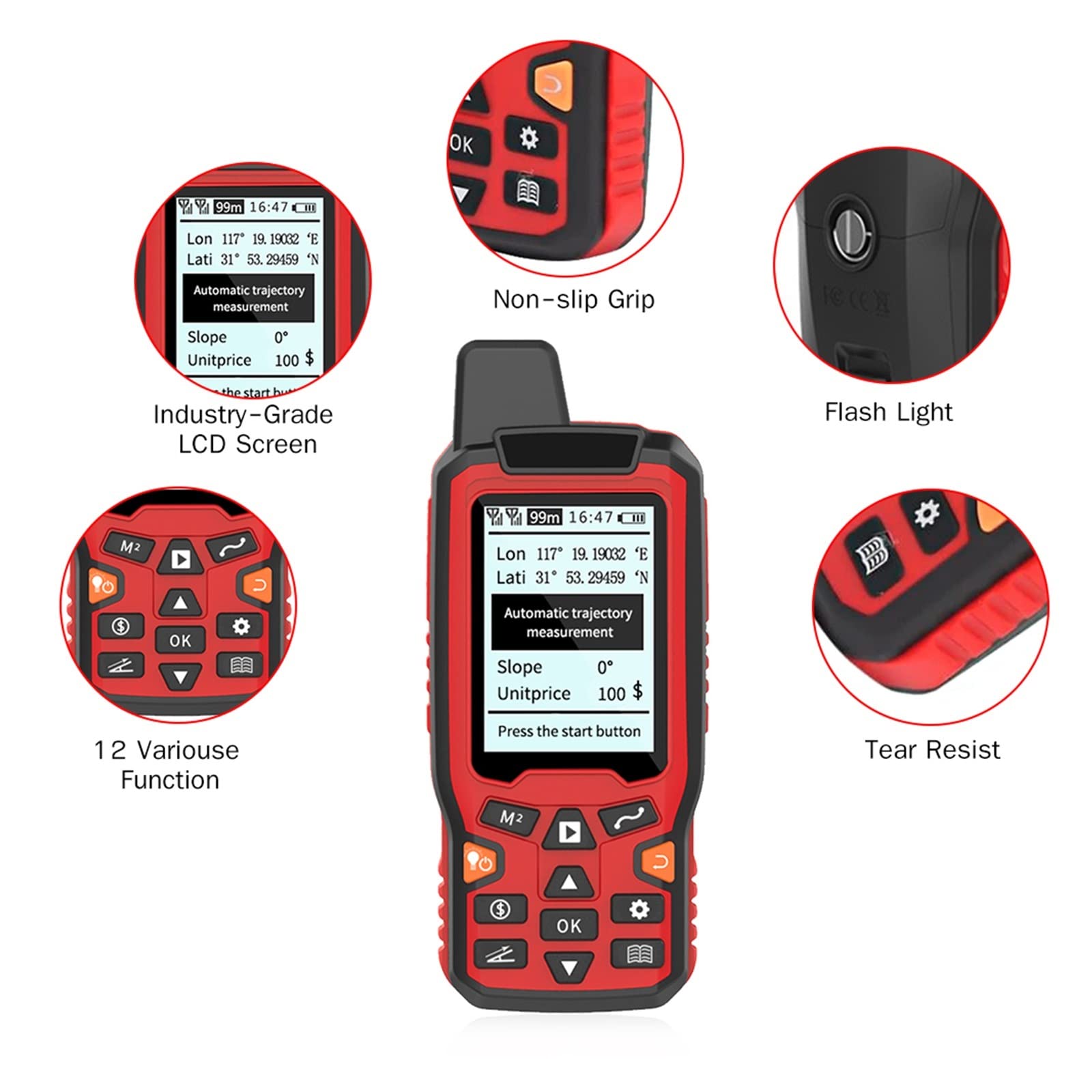 medidor de distancia láser, Medidor de área terrestre USB de mano Medidor de área terrestre de navegación GPS Medidor de área terrestre de pantalla de 2,4 pulgadas Encuesta terrestre 100-240V Navegaci