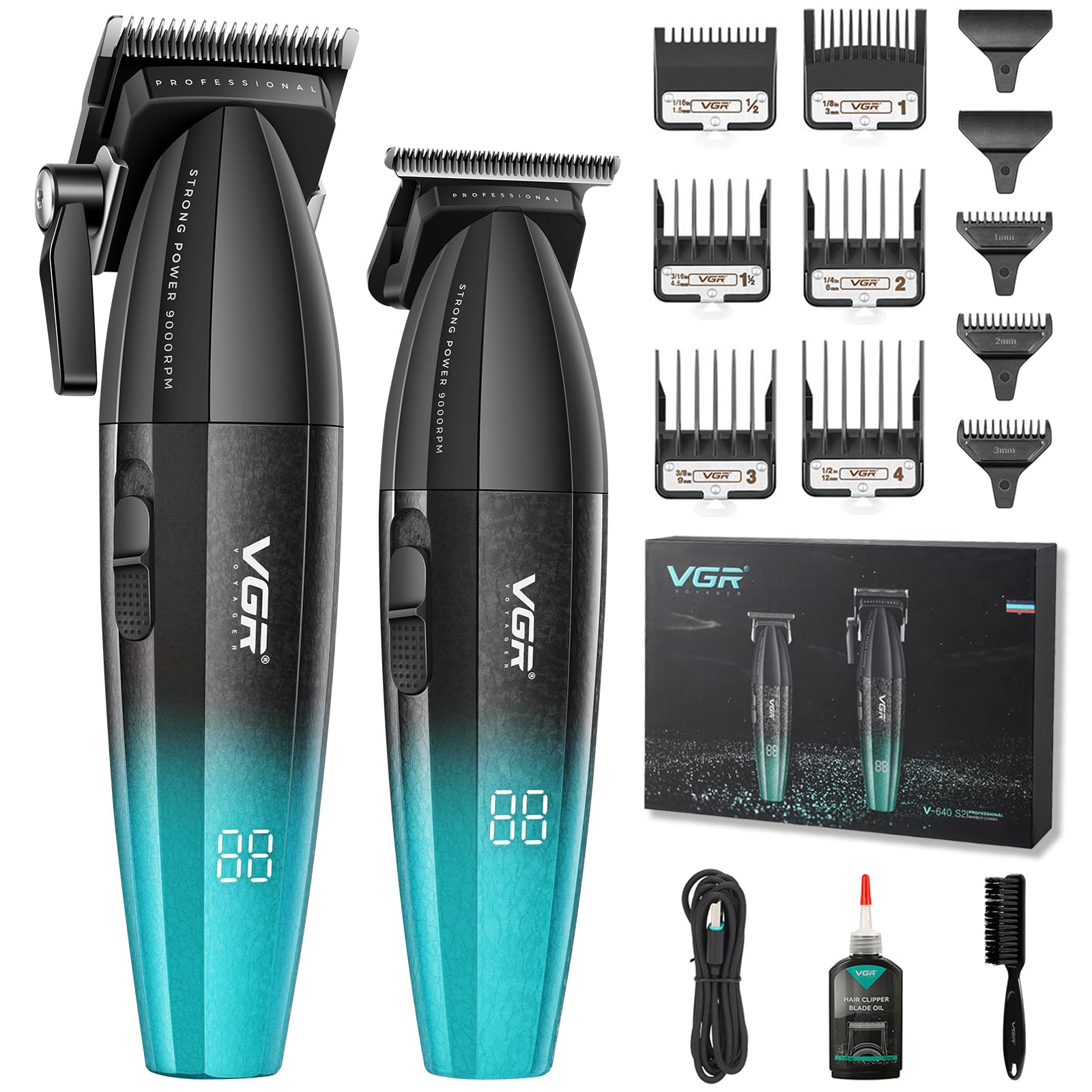 VGR 640 S2 Professional Hair Clippers for Men, Cordless Barber Clippers and Trimmers Set, Zero Gap T-Blade Hair Cutting Kit, DLC Coated Ceramic Blade Premium Barber Kit with LED Display(Green)