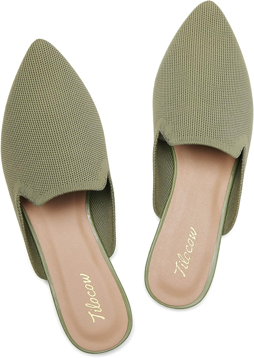 TilocowKnit Mules for Women Flats Pointed Toe Mesh Ballet Flat Womens Slip On Slides Walking Shoes
