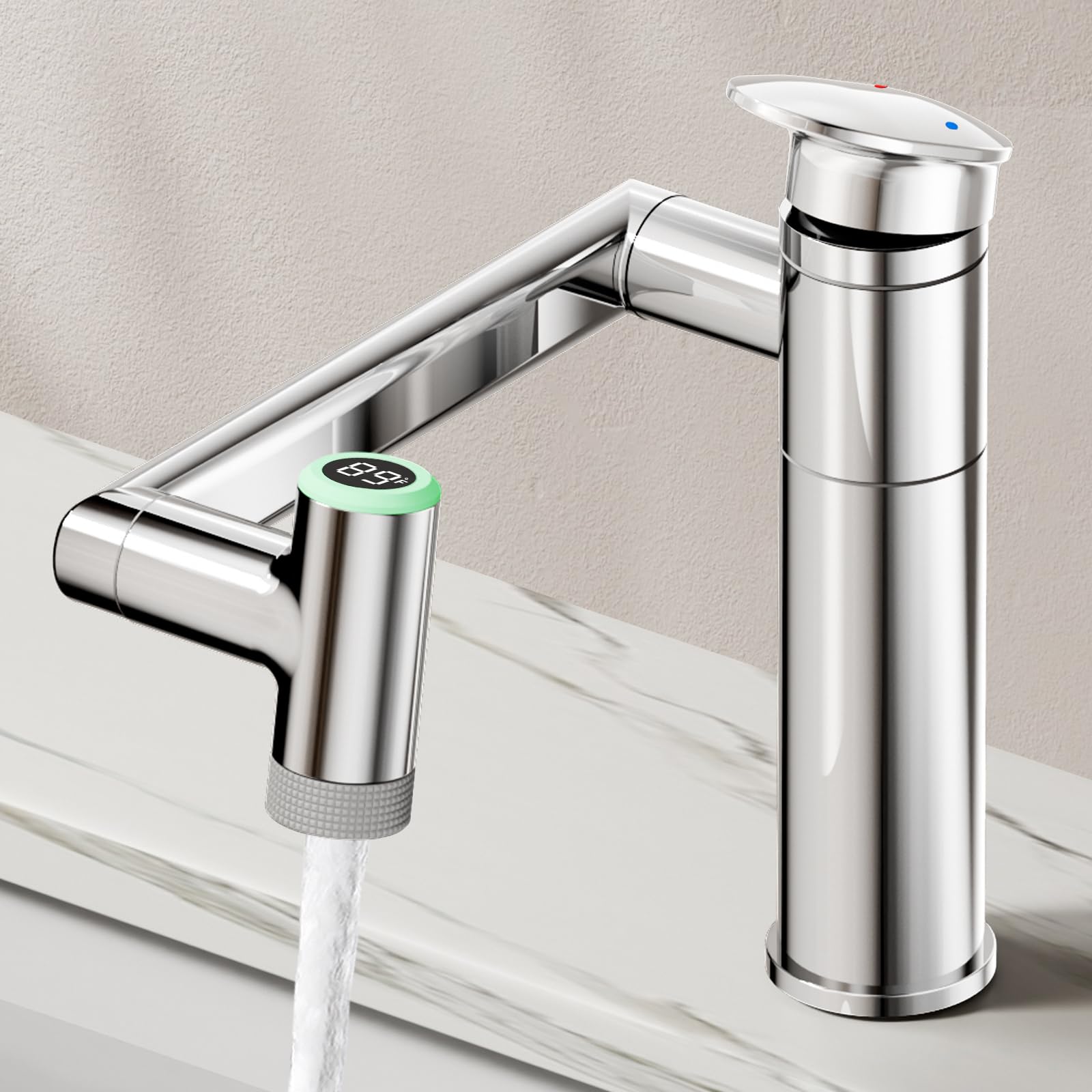 HOWUWEY 1080 Rotatable Single Hole Bathroom Vanity Faucet with Temperature Display Height Adjustable Single Lever Bathroom Sink Faucet