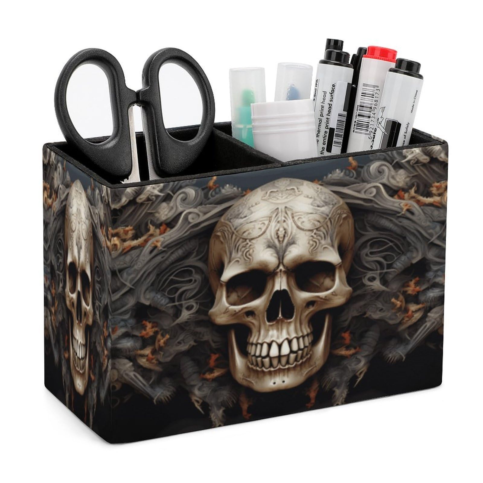 LZQPOEAS Skulls Leather Pen Holder Square Pencil Holder Multi-Functional Desk Organizer Modern Pen Cup Pencil Cup Minimalist Desktop Stationery Organizer for Desk Office Home